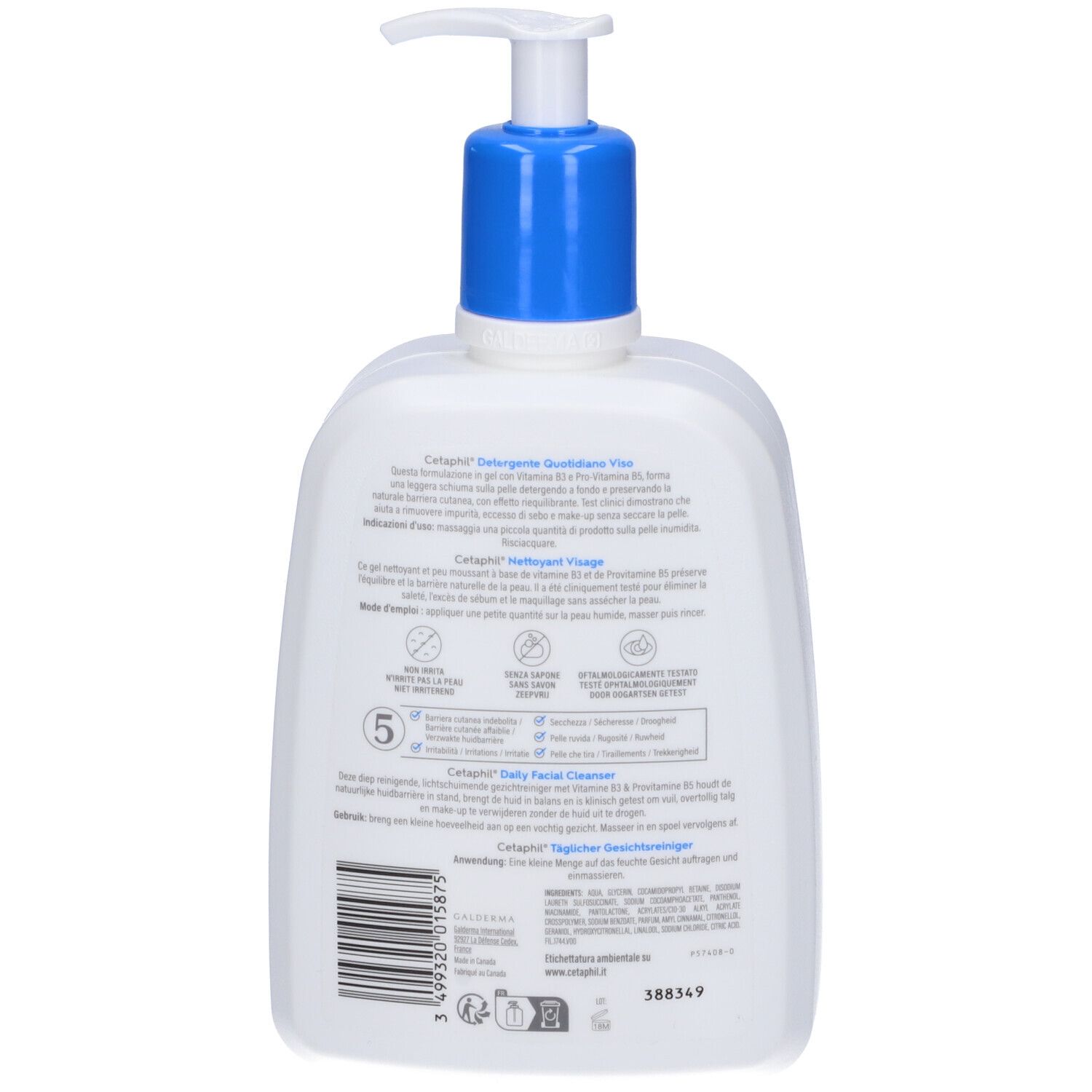 Retro di un flacone bianco con dosatore blu. Testo multilingue, codice a barre.
