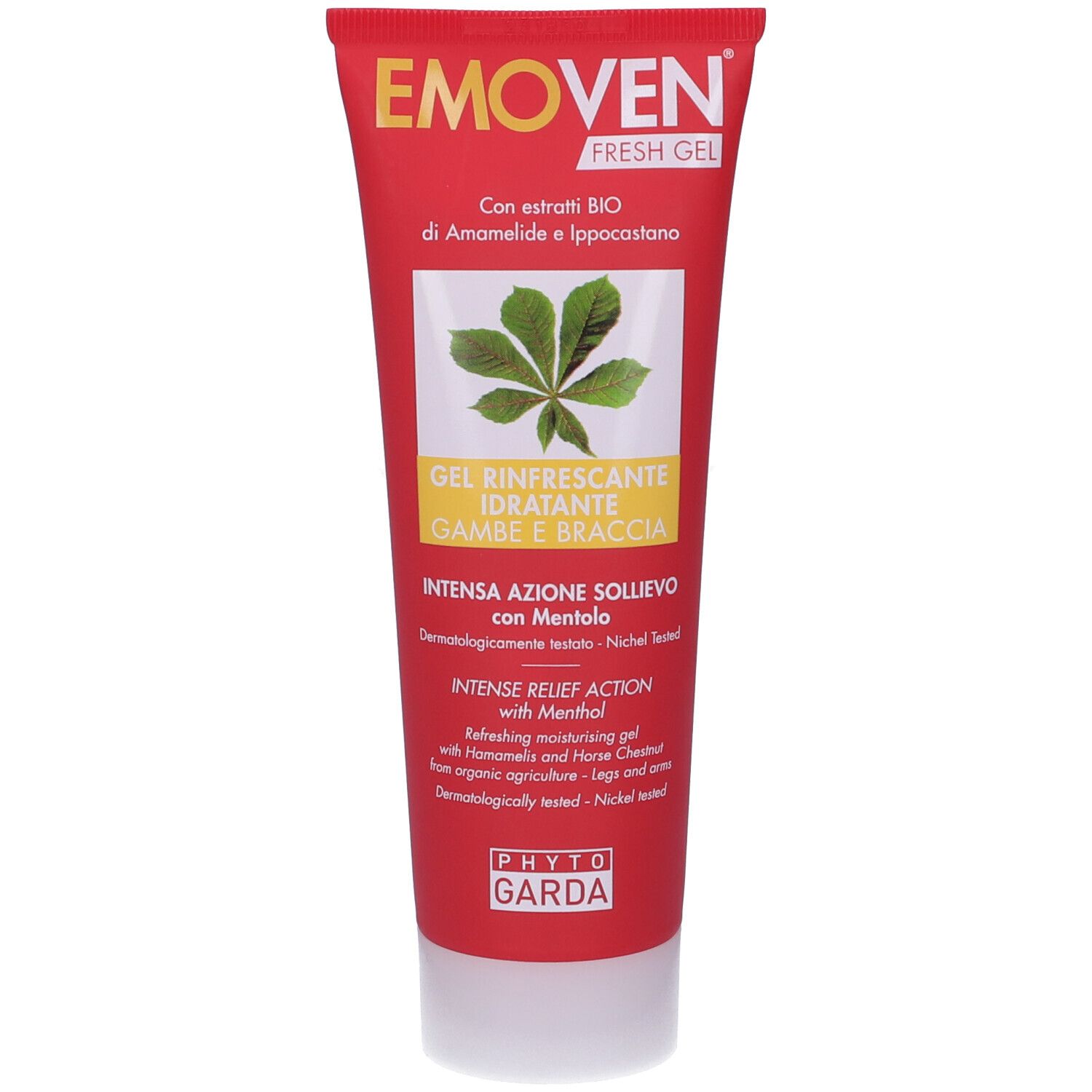 Rote Tube mit weißem Deckel. Aufschrift: EMOVEN FRESH GEL. Grün-weißes Blatt-Symbol. Text: Gel für Beine und Arme. Phyto Garda.