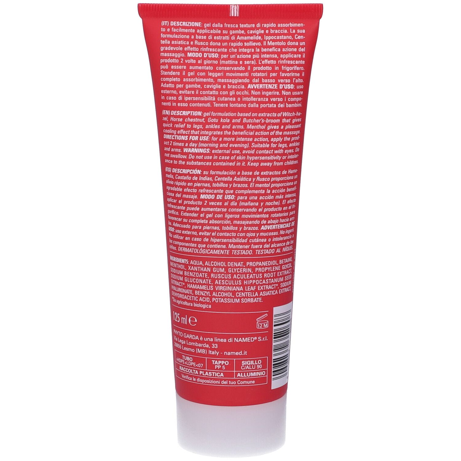 Rote Tube mit weißem Deckel. Rückseite mit Text und Inhaltsstoffen. Text: 125 ml. Logo Phyto Garda. Barcode.