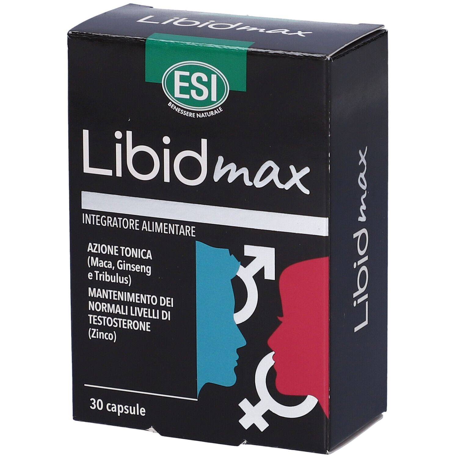 Scatola nera Libidmax con logo ESI. Contiene 30 capsule. Informazioni sul prodotto e simboli.
