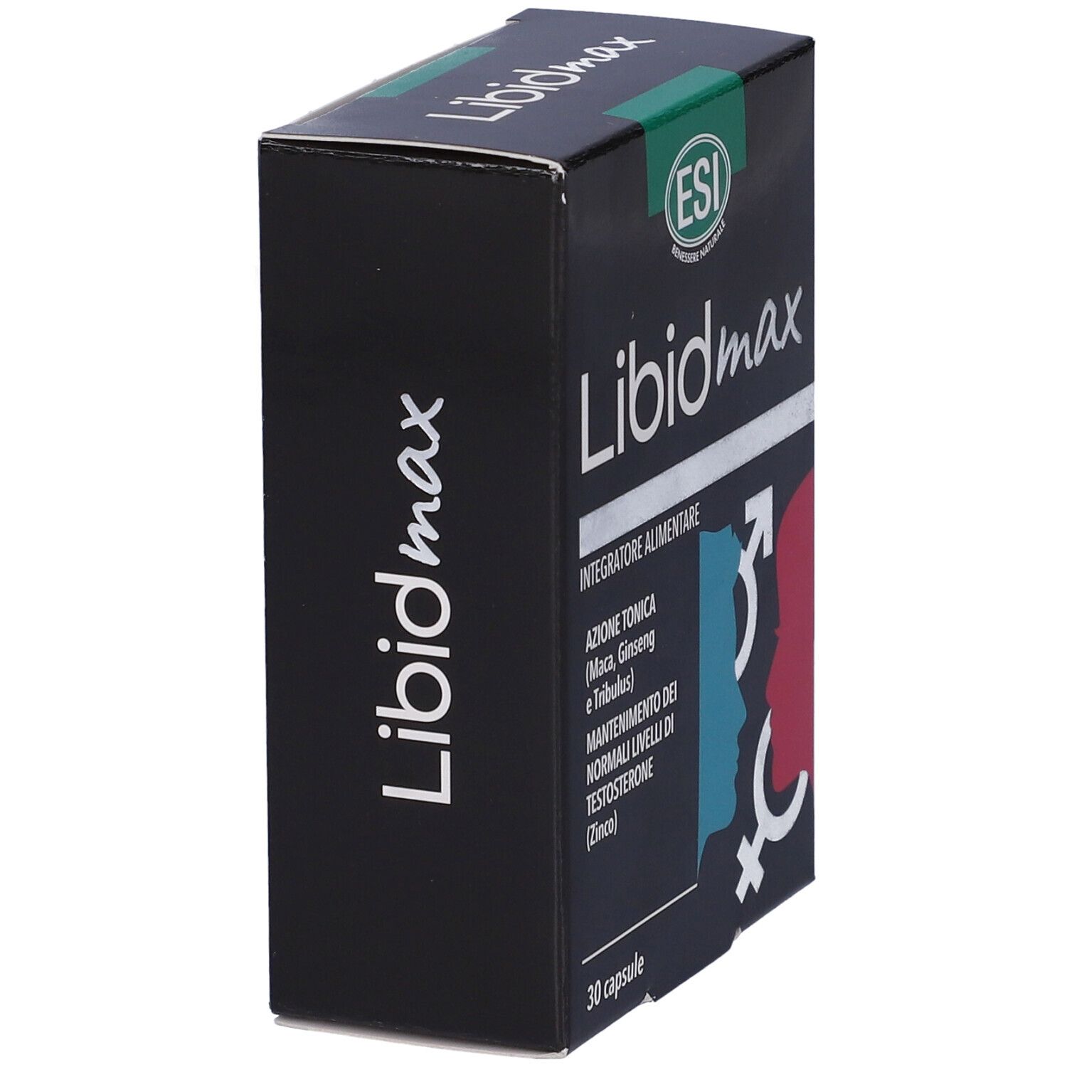 Scatola nera Libidmax con logo ESI. Informazioni sul prodotto e simboli. Contiene 30 capsule.