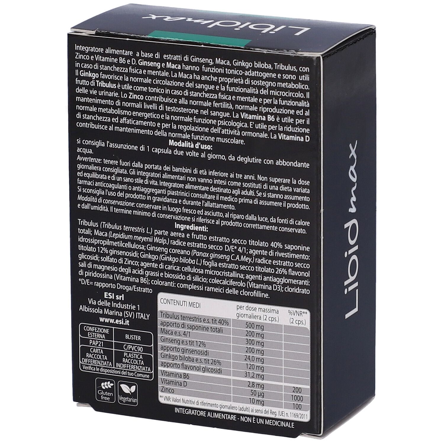 Scatola nera Libidmax con logo ESI. Informazioni, ingredienti e tabella nutrizionale.