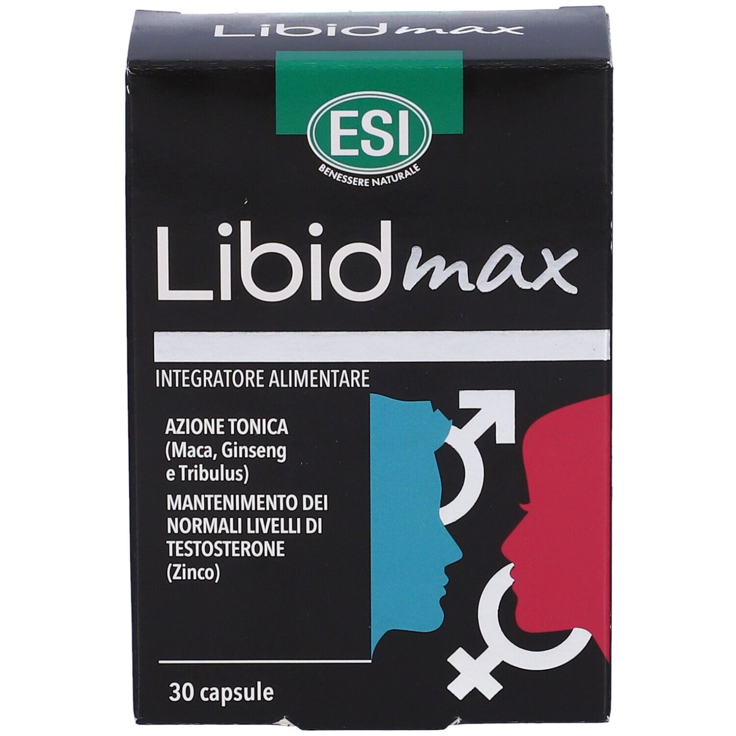 Scatola nera Libidmax con logo ESI. Informazioni sul prodotto e simboli. Contiene 30 capsule.