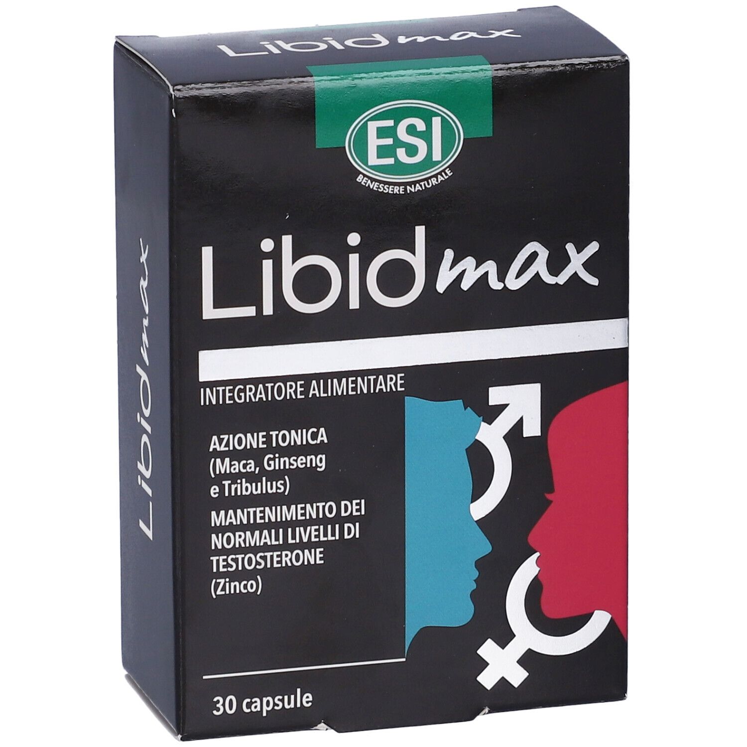 Scatola nera Libidmax con logo ESI. Informazioni sul prodotto e simboli. Contiene 30 capsule.