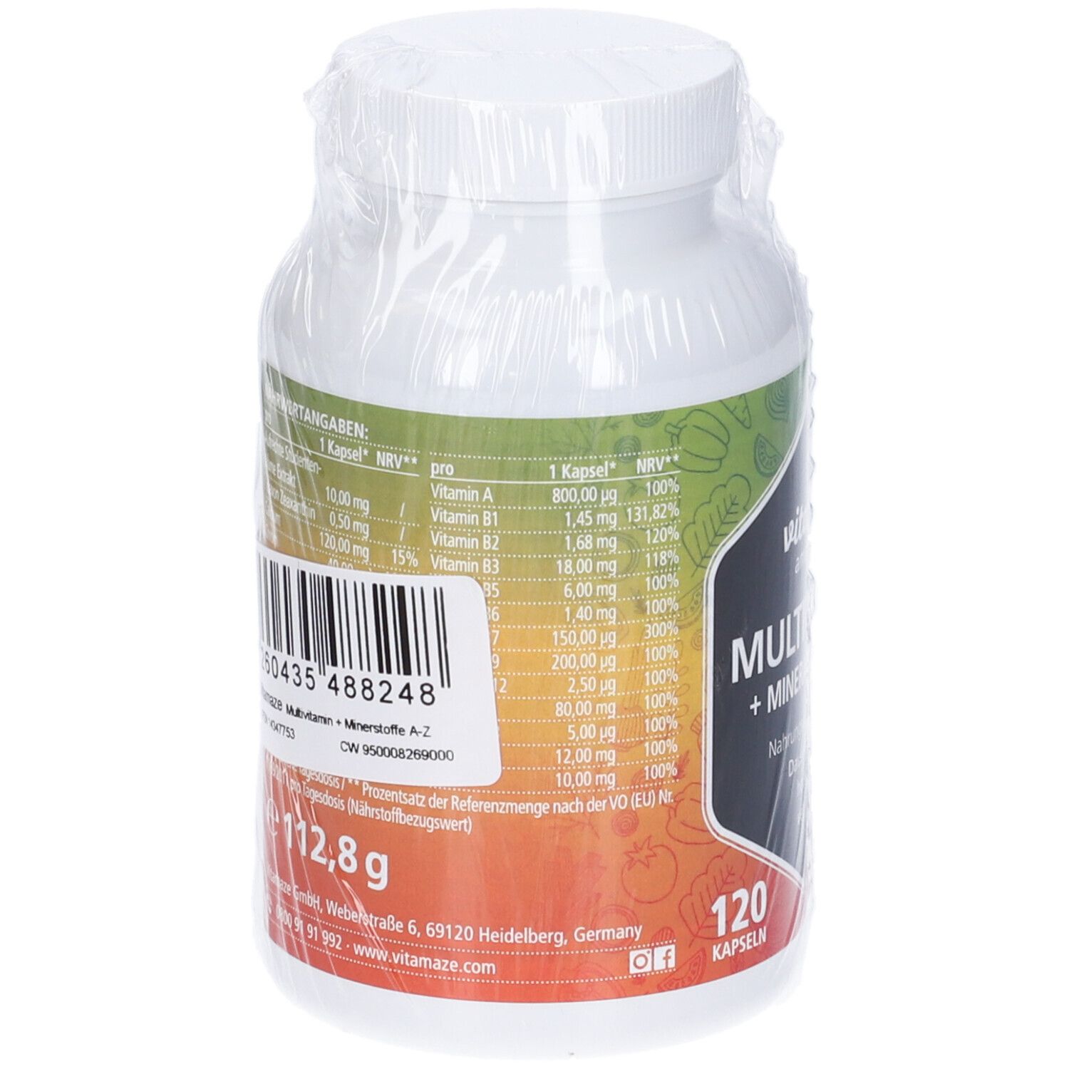 Retro della bottiglia con informazioni nutrizionali. Contiene 120 capsule. Peso 112,8 g.