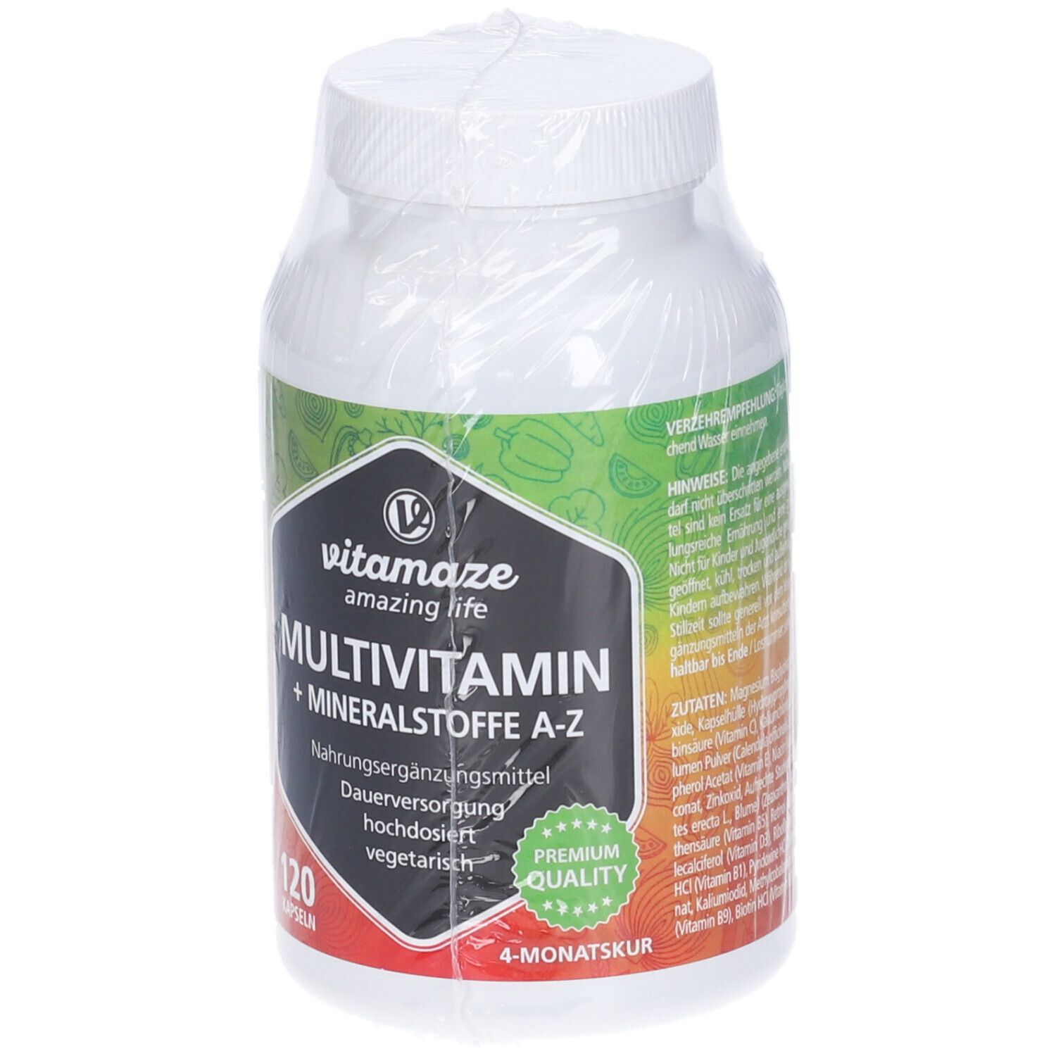 Bottiglia con informazioni sul prodotto. Contiene 120 capsule. Qualità premium.