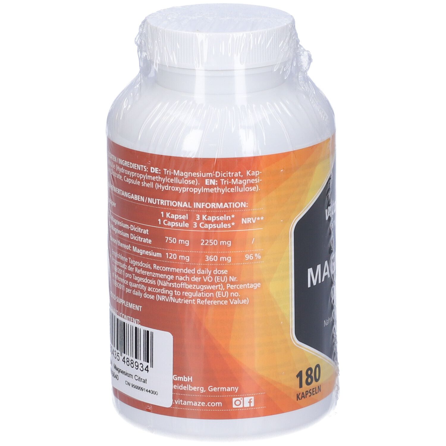 Retro del flacone. Ingredienti, informazioni nutrizionali, informazioni produttore. Scritta: Magnesium Citrat, 180 capsule.