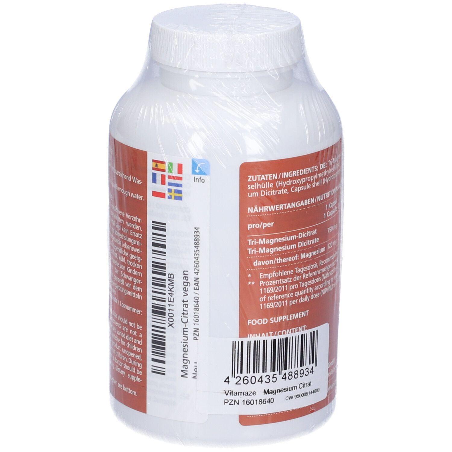 Retro del flacone. Ingredienti, informazioni nutrizionali, informazioni produttore. Scritta: Magnesium Citrat, vegano.