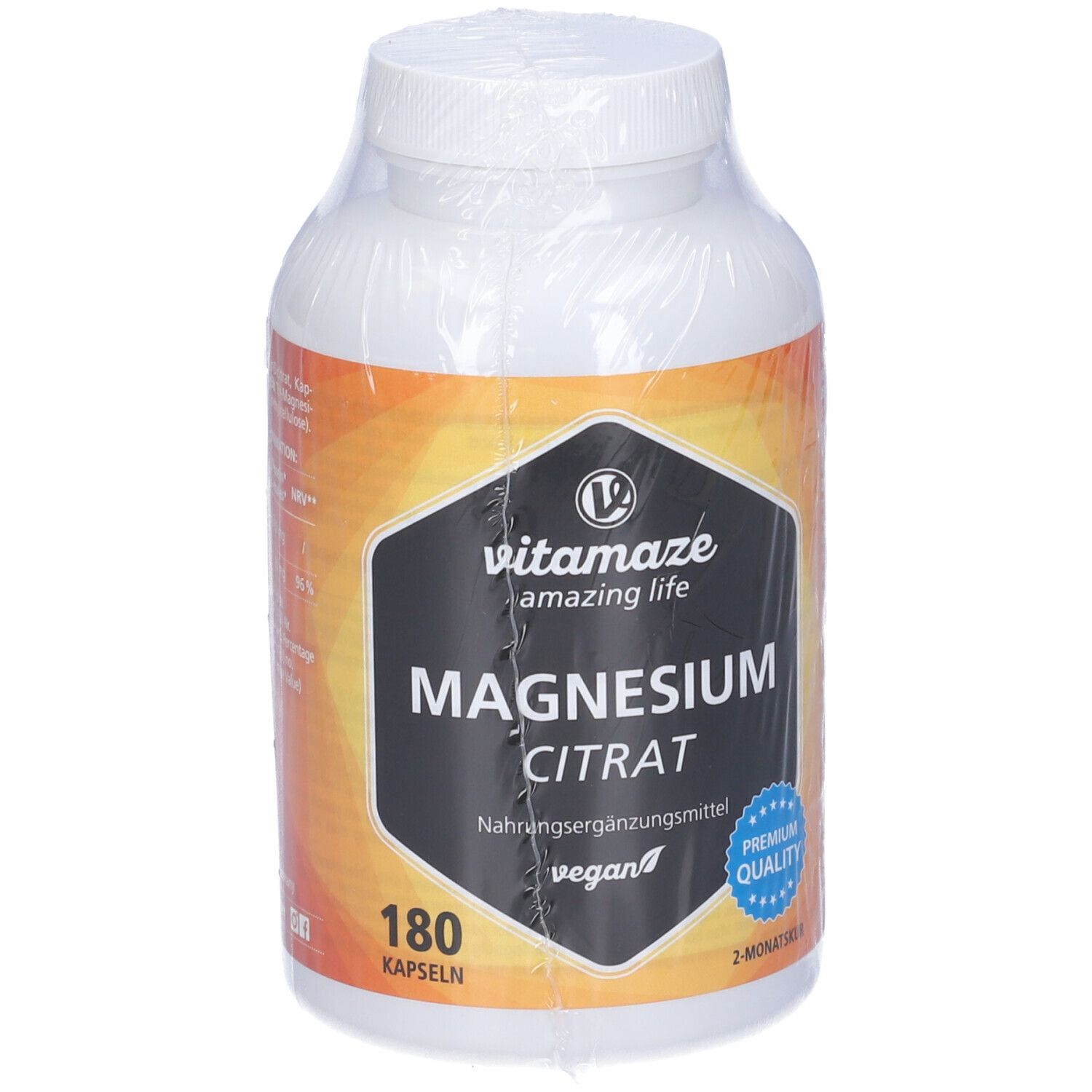 Flacone bianco con etichetta. Scritta: Vitamaze, Magnesium Citrat, 180 capsule, vegano. Sigillo Premium Quality.