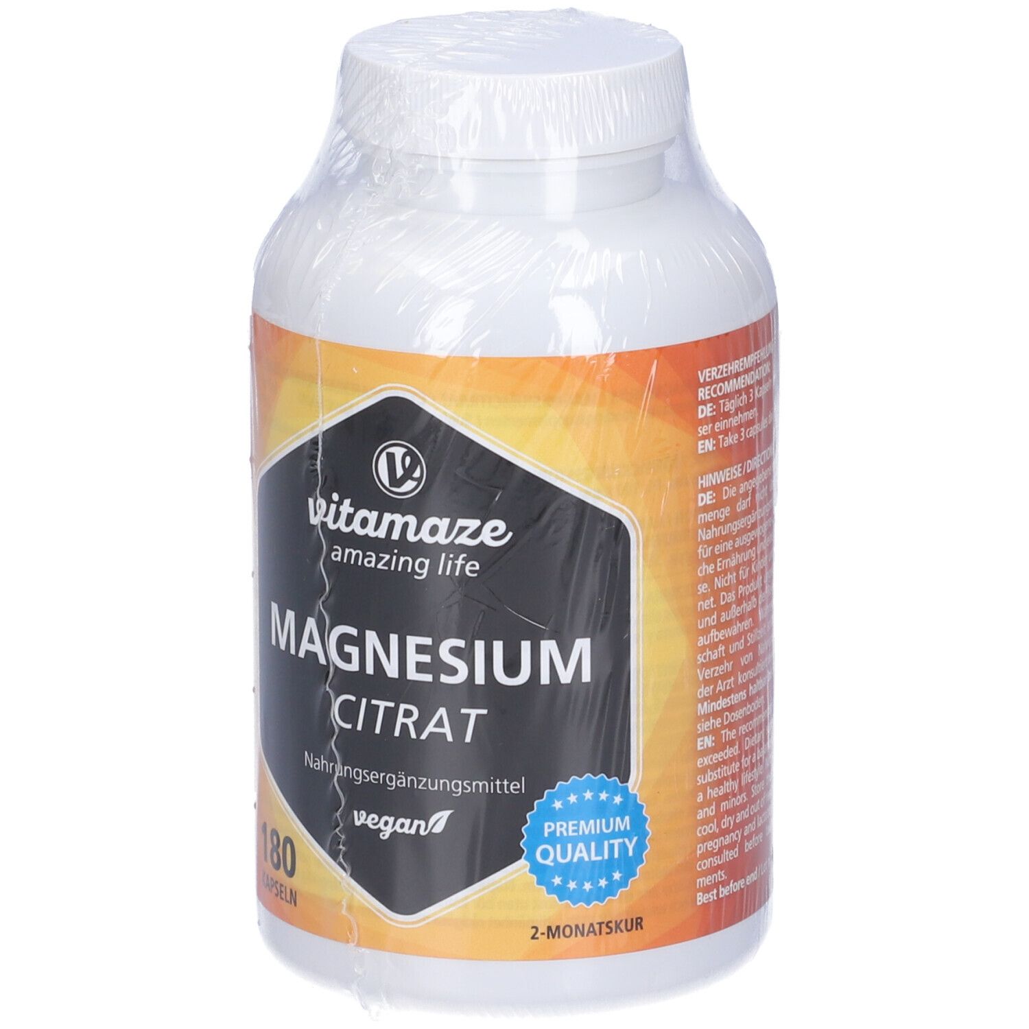 Flacone bianco con etichetta. Scritta: Vitamaze, Magnesium Citrat, 180 capsule, vegano. Sigillo Premium Quality.