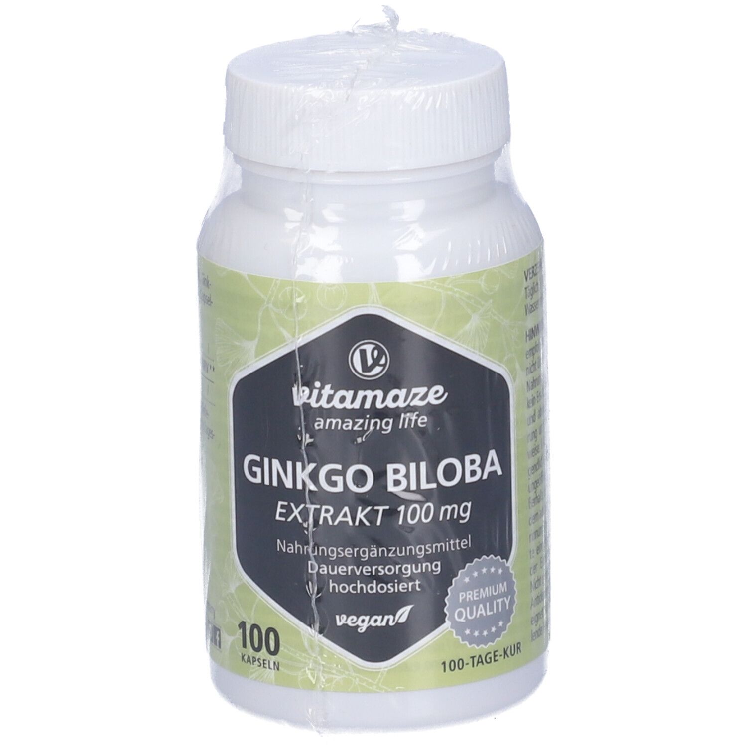 Flacone bianco con capsule. Scritta: Ginkgo Biloba Estratto 100 mg, 100 capsule, vegano.