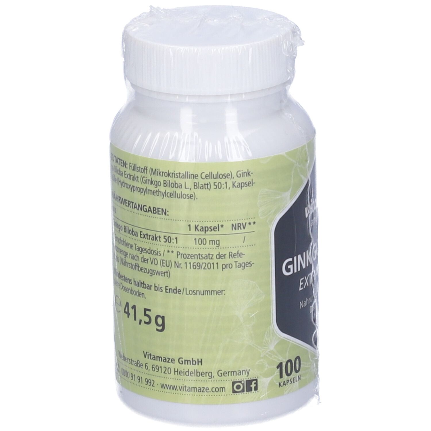 Retro del flacone con informazioni. Peso: 41,5 g. Indirizzo del produttore.