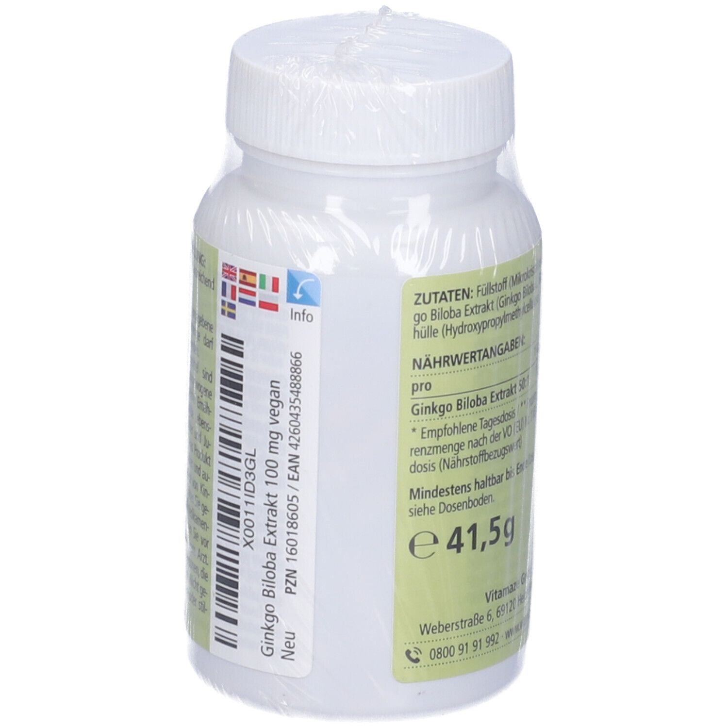 Retro del flacone con informazioni. Peso: 41,5 g. Logo vegano.