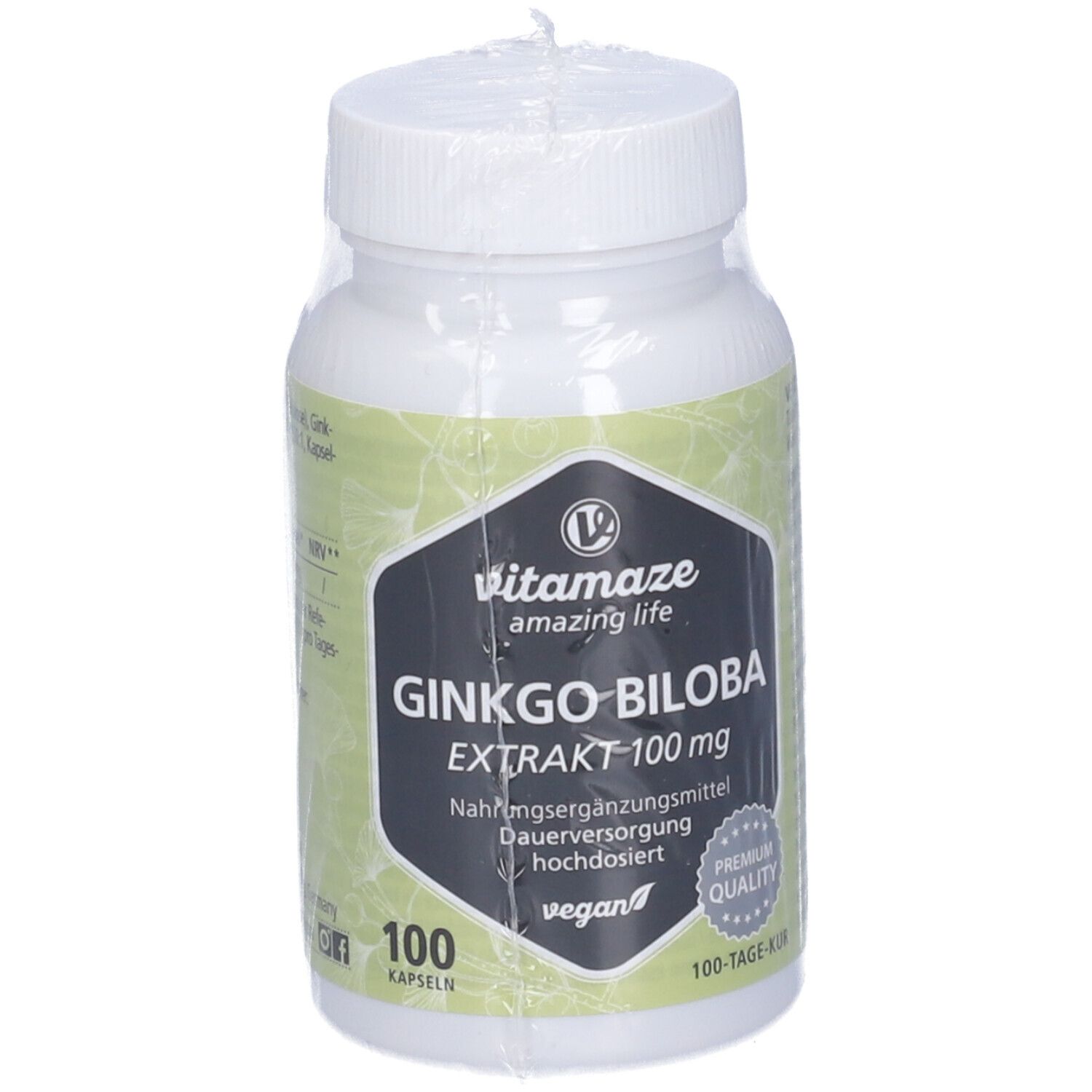 Flacone bianco con capsule. Scritta: Ginkgo Biloba Estratto 100 mg, 100 capsule, vegano.