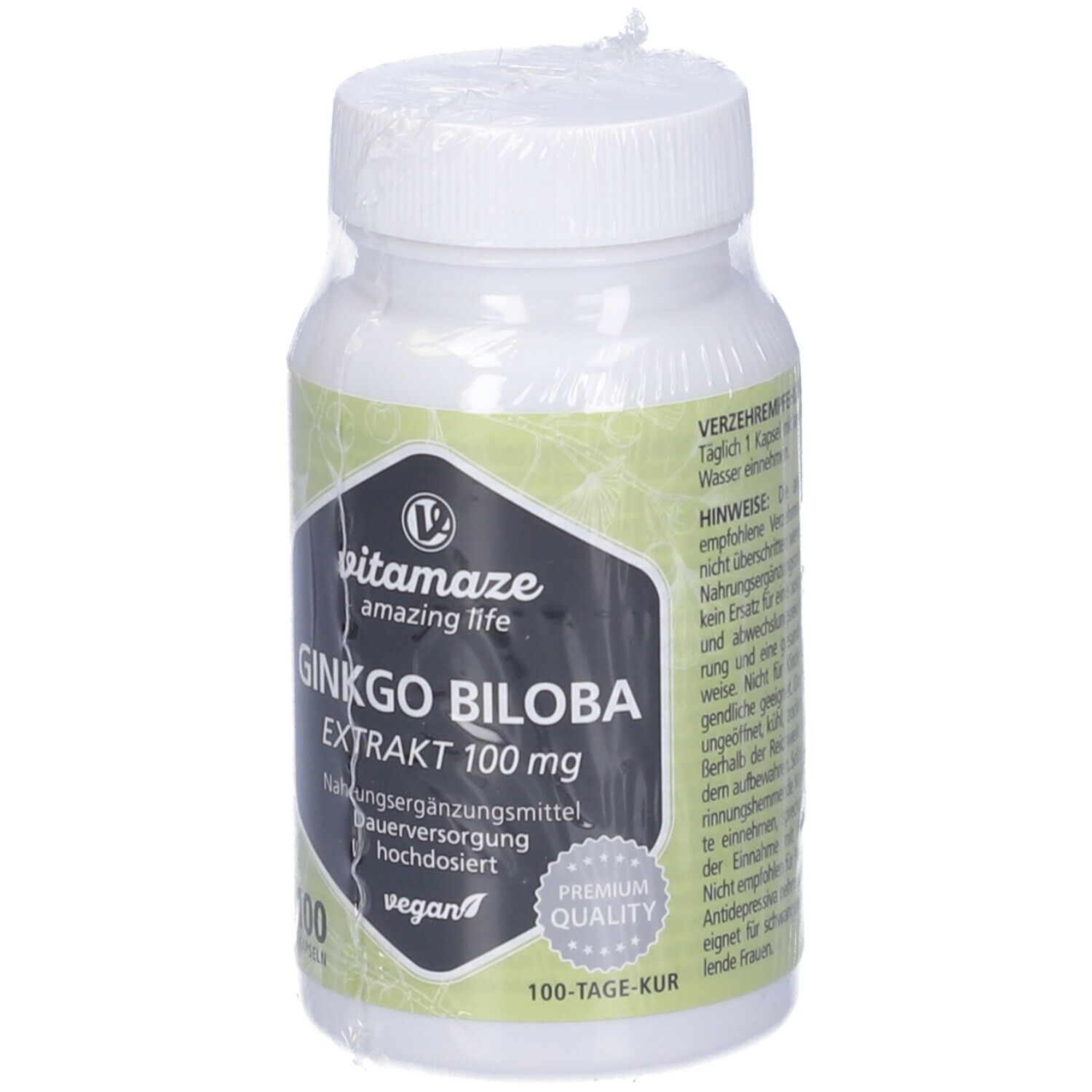 Flacone bianco con capsule. Scritta: Ginkgo Biloba Estratto 100 mg, 100 capsule, vegano.