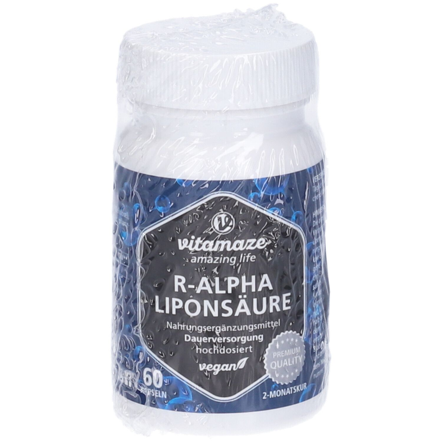 Flacone bianco con etichetta blu. Scritta: Vitamaze R-Alpha Liponsäure, 60 capsule, vegan.