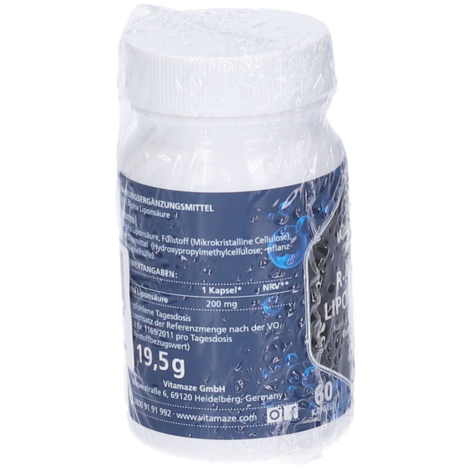 Flacone bianco con etichetta blu. Contiene informazioni sugli ingredienti e i valori nutrizionali. 19,5g, 60 capsule.