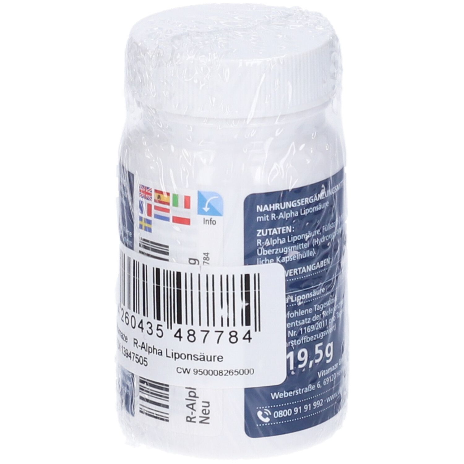Flacone bianco con etichetta blu. Codice a barre e informazioni. 19,5g, 60 capsule. Bandiere multilingue.