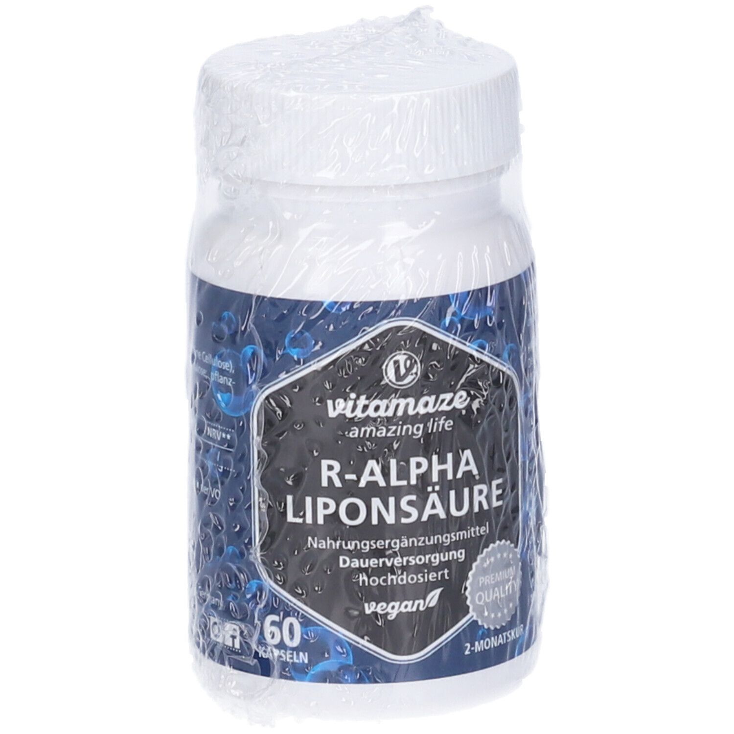 Flacone bianco con etichetta blu. Scritta: Vitamaze R-Alpha Liponsäure, 60 capsule, vegan.