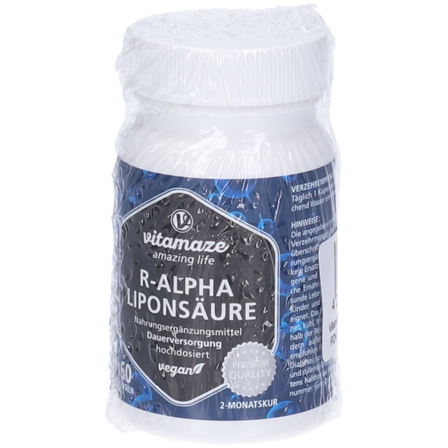Flacone bianco con etichetta blu. Scritta: Vitamaze R-Alpha Liponsäure, 60 capsule, vegan.