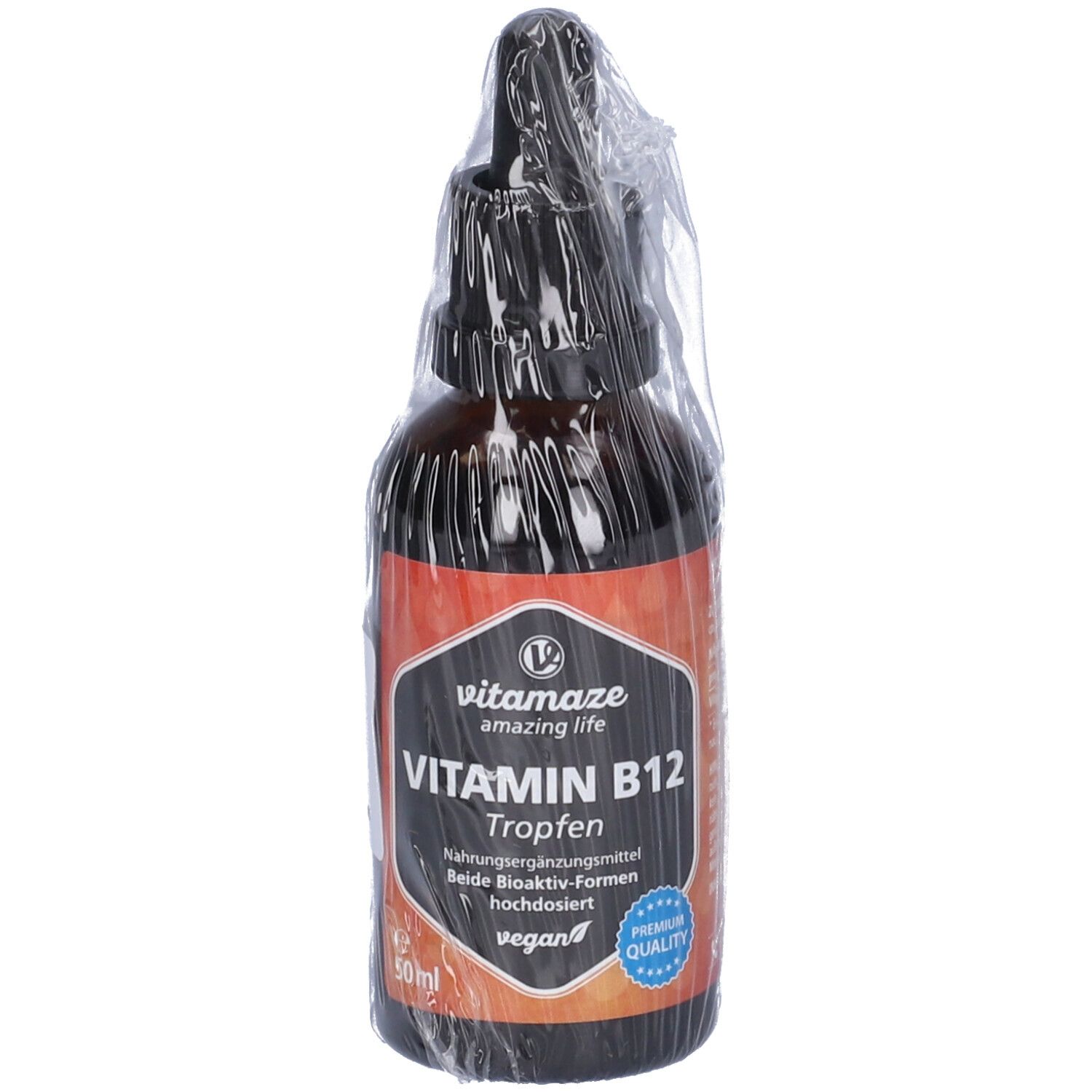 Flacone di vetro marrone con contagocce, avvolto in plastica. Etichetta "Vitamaze Vitamin B12 Gocce", vegano, 50ml.