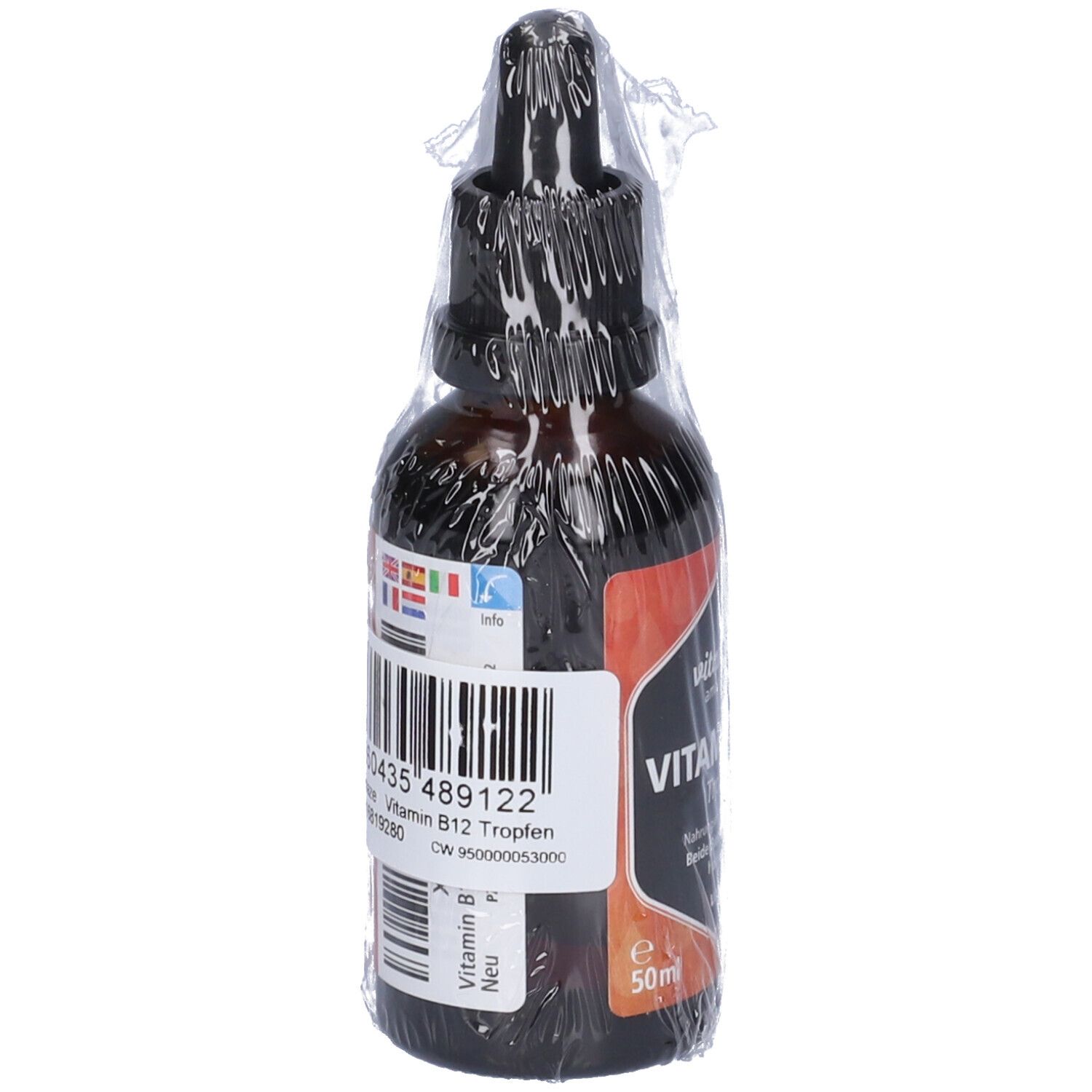 Flacone di vetro marrone con contagocce, in plastica. Etichetta con codice a barre, "Vitamaze Vitamin B12 Gocce", 50ml.