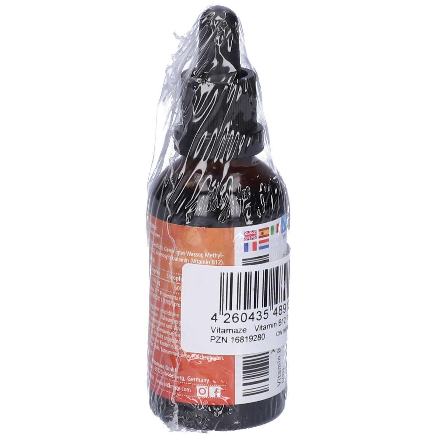 Flacone di vetro marrone con contagocce, in plastica. Etichetta con codice a barre e testo, "Vitamaze Vitamin B12 Gocce", 50ml.
