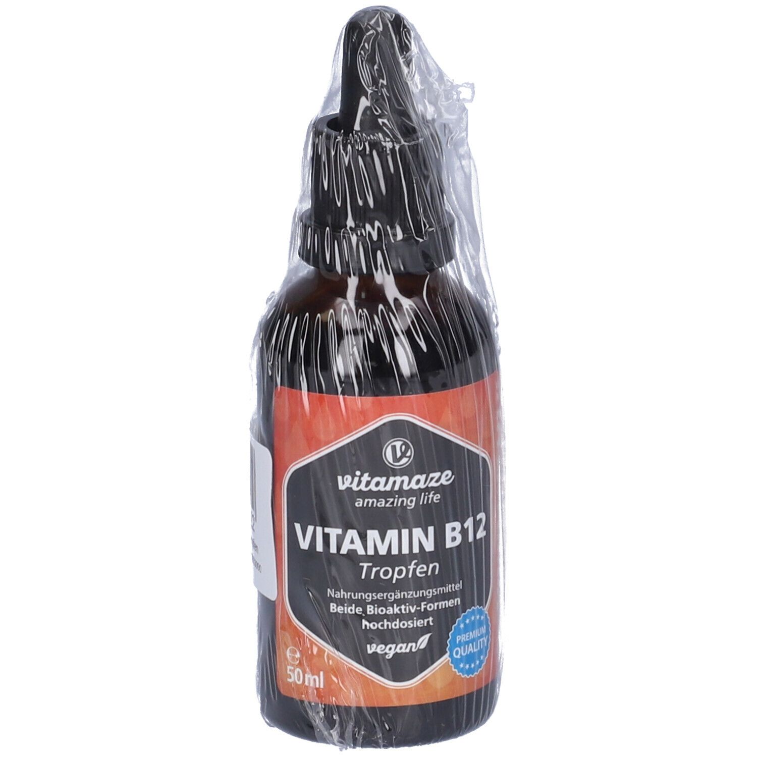 Flacone di vetro marrone con contagocce, in plastica. Etichetta "Vitamaze Vitamin B12 Gocce", vegano, 50ml.
