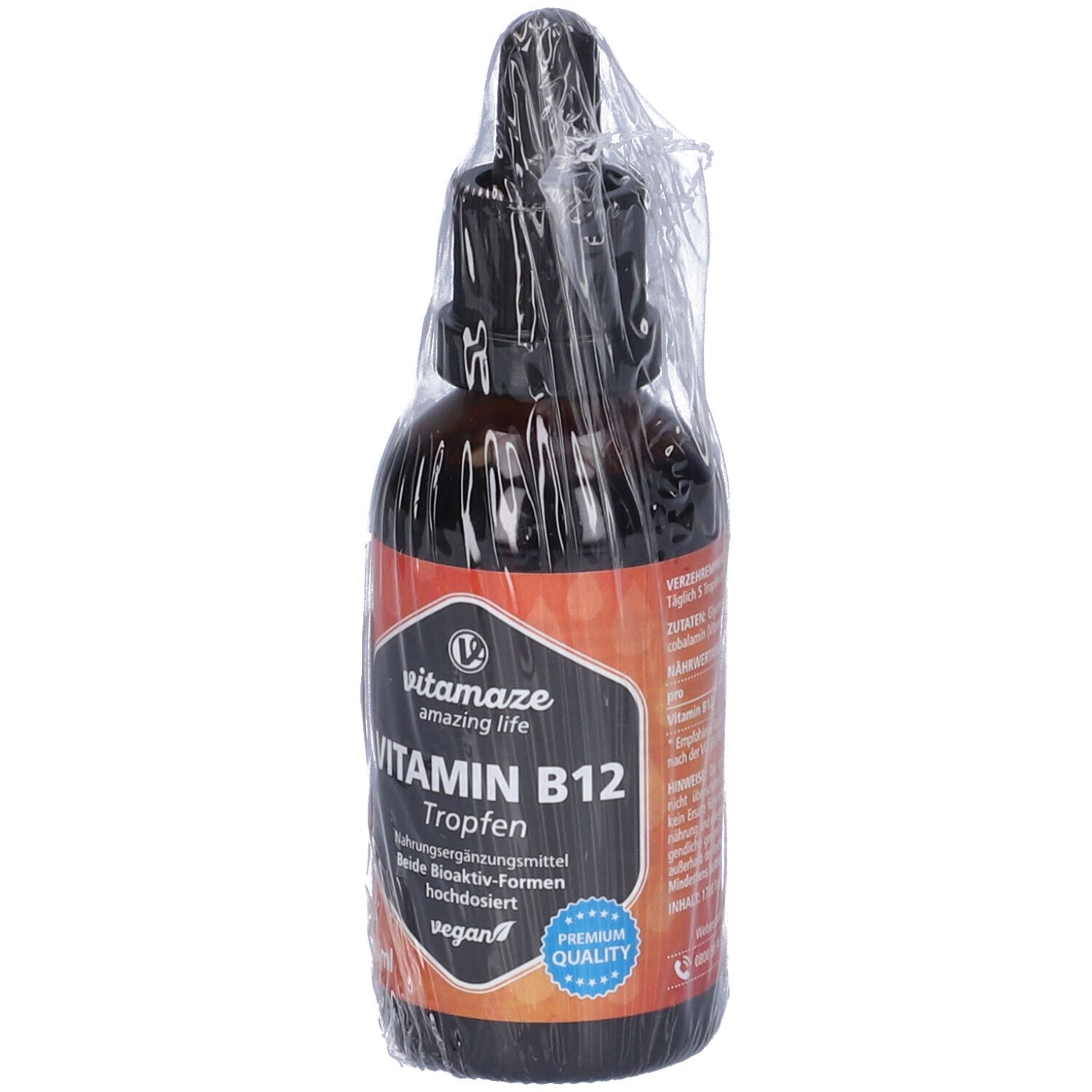 Flacone di vetro marrone con contagocce, in plastica. Etichetta "Vitamaze Vitamin B12 Gocce", vegano, 50ml.