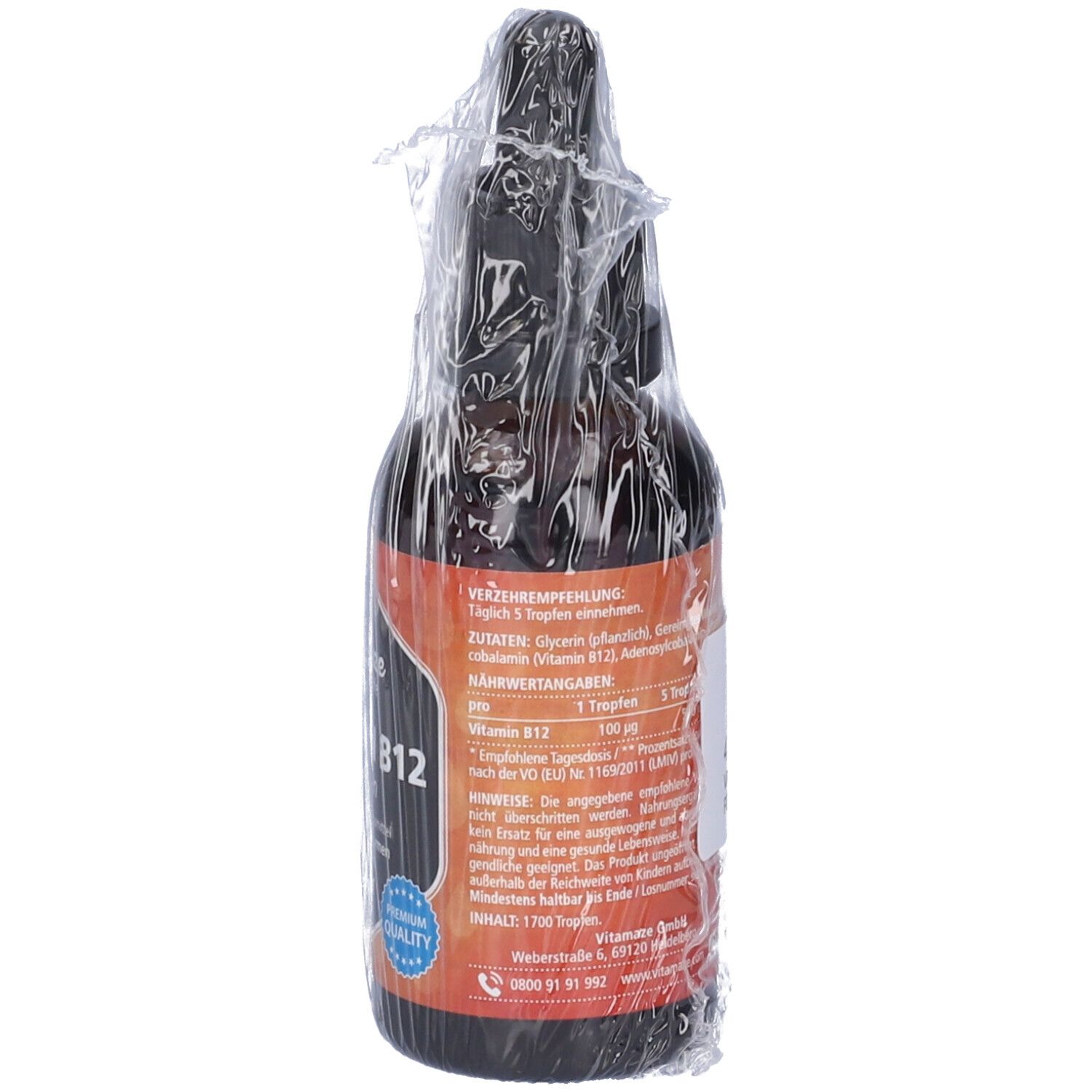 Flacone di vetro marrone con contagocce, in plastica. Etichetta con informazioni, "Vitamaze Vitamin B12 Gocce", 50ml.