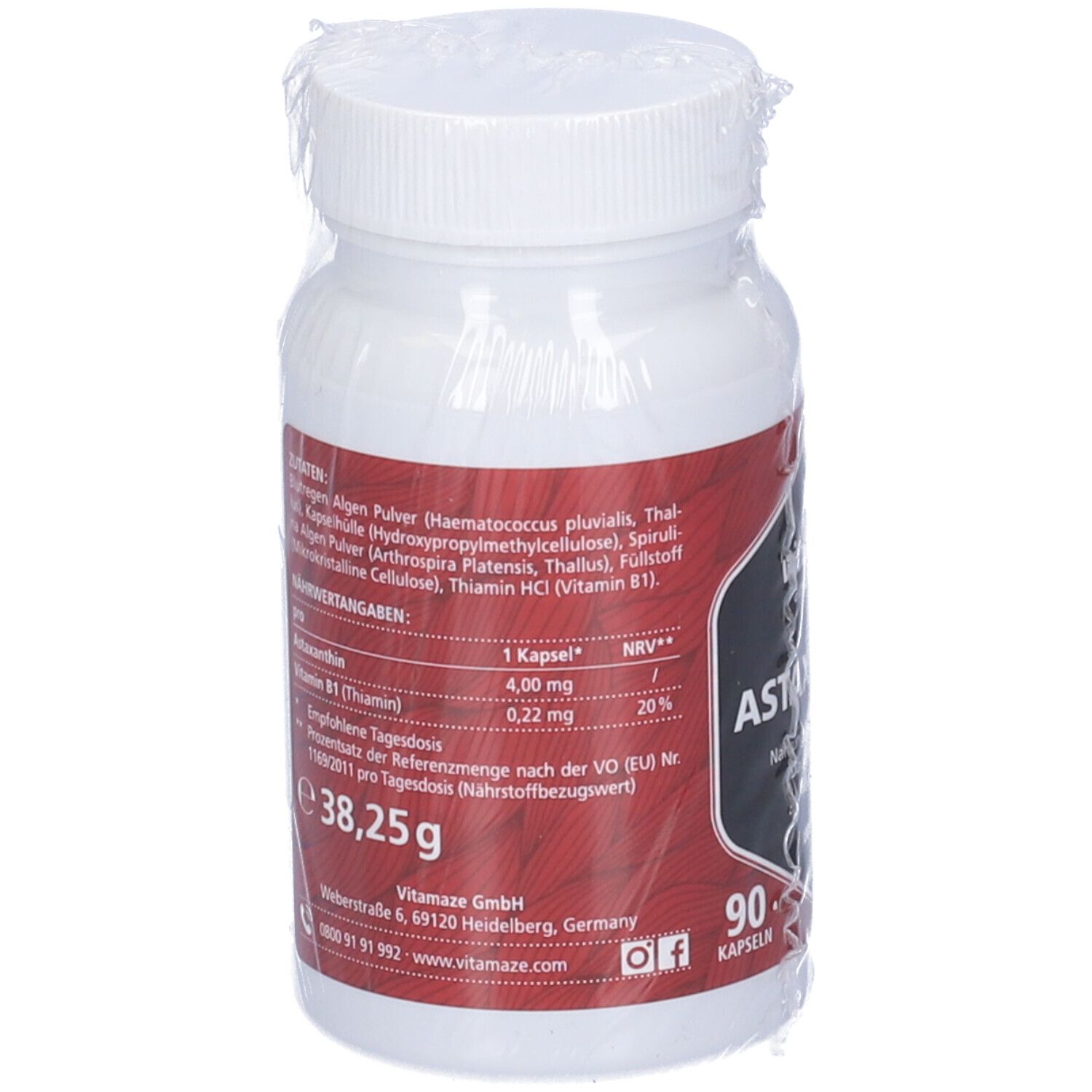 Retro del flacone di capsule di astaxantina. Contiene ingredienti e informazioni nutrizionali. 90 capsule, 38,25g. Informazioni produttore.