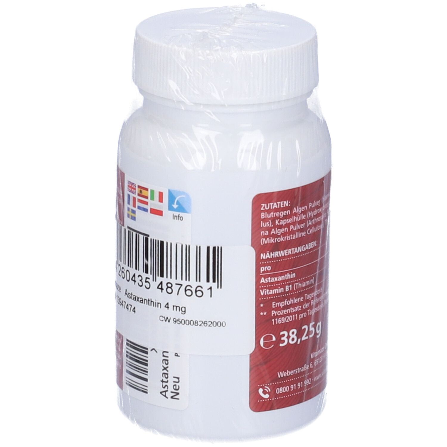 Flacone di capsule di astaxantina con codice a barre ed elenco ingredienti. Contiene 38,25g. Informazioni produttore e logo.