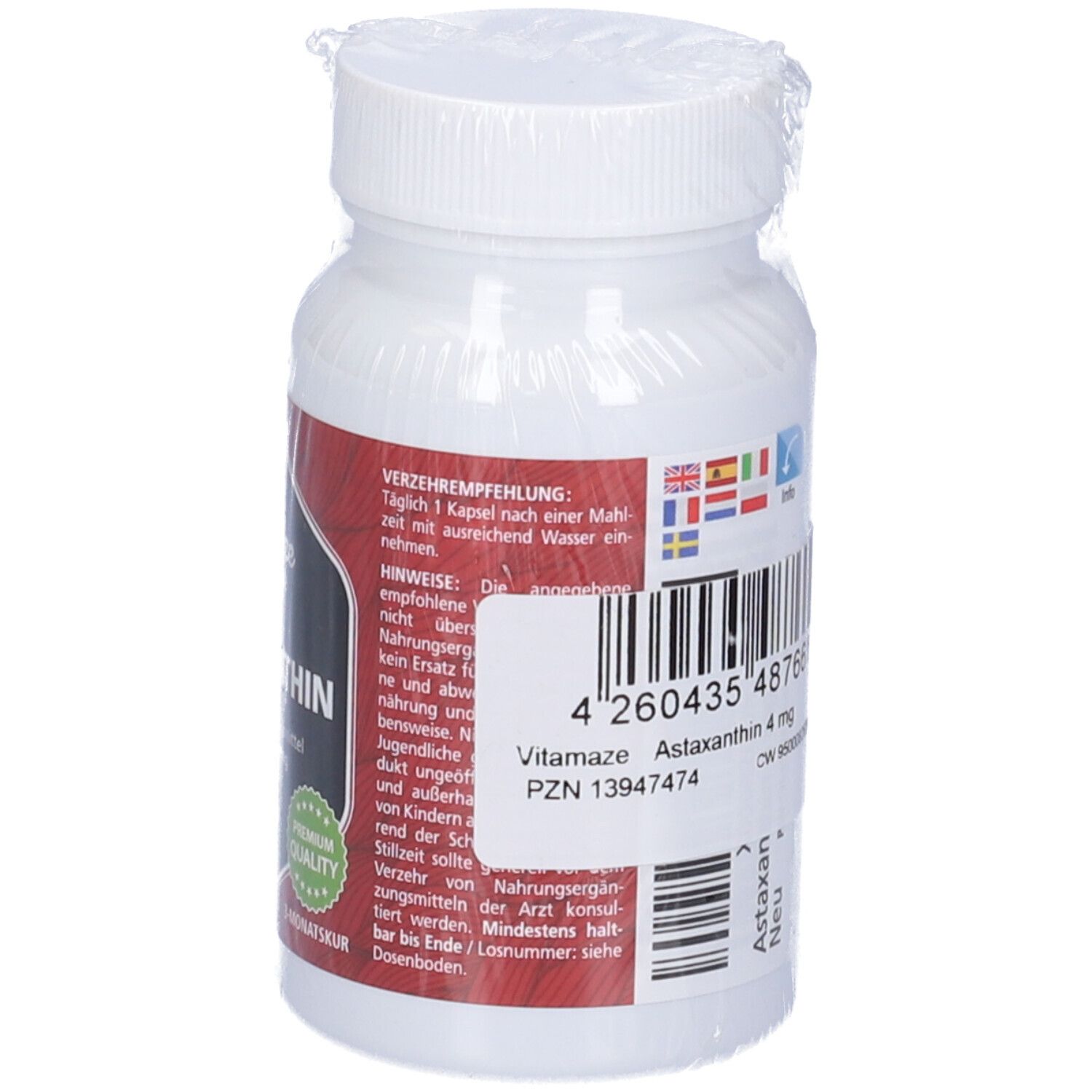 Retro del flacone di capsule di astaxantina. Contiene raccomandazioni per l'uso e avvertenze. 90 capsule, 38,25g.