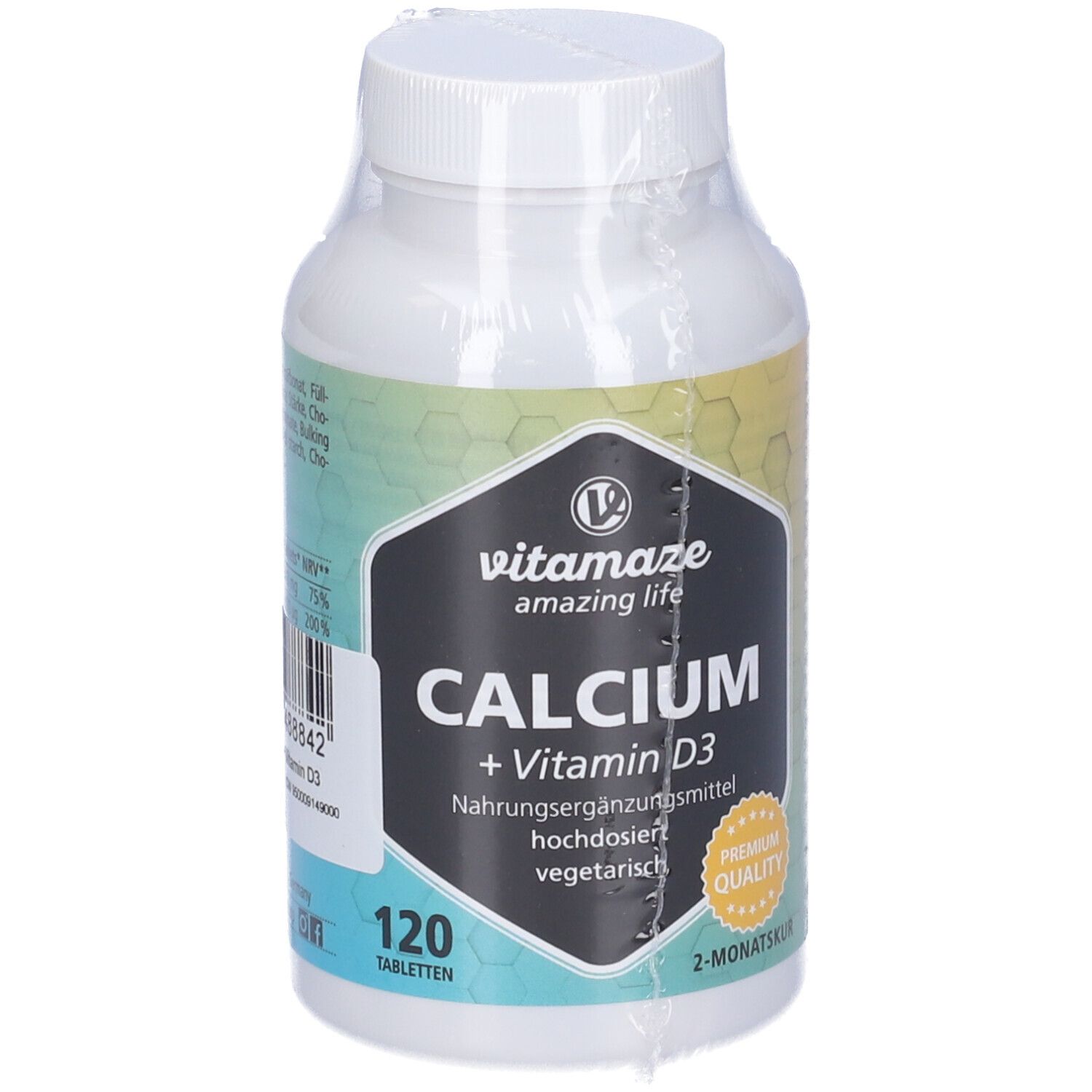 Flacone bianco di compresse con etichetta. Scritta: Calcium + Vitamina D3. 120 compresse. Vegetariano.