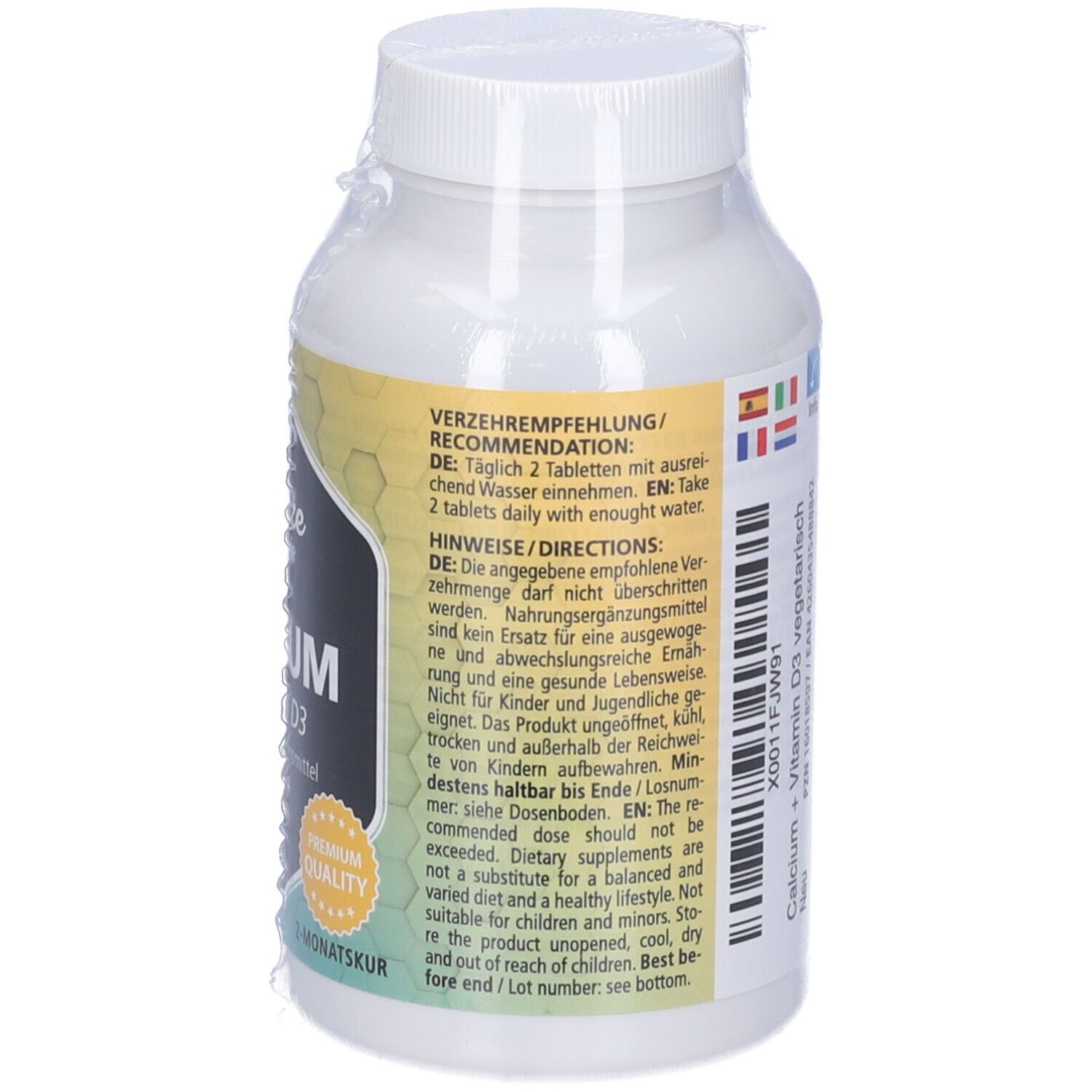 Retro del flacone di compresse. Raccomandazioni, istruzioni. 120 compresse. Vitamaze Calcium + Vitamina D3 vegetariano.