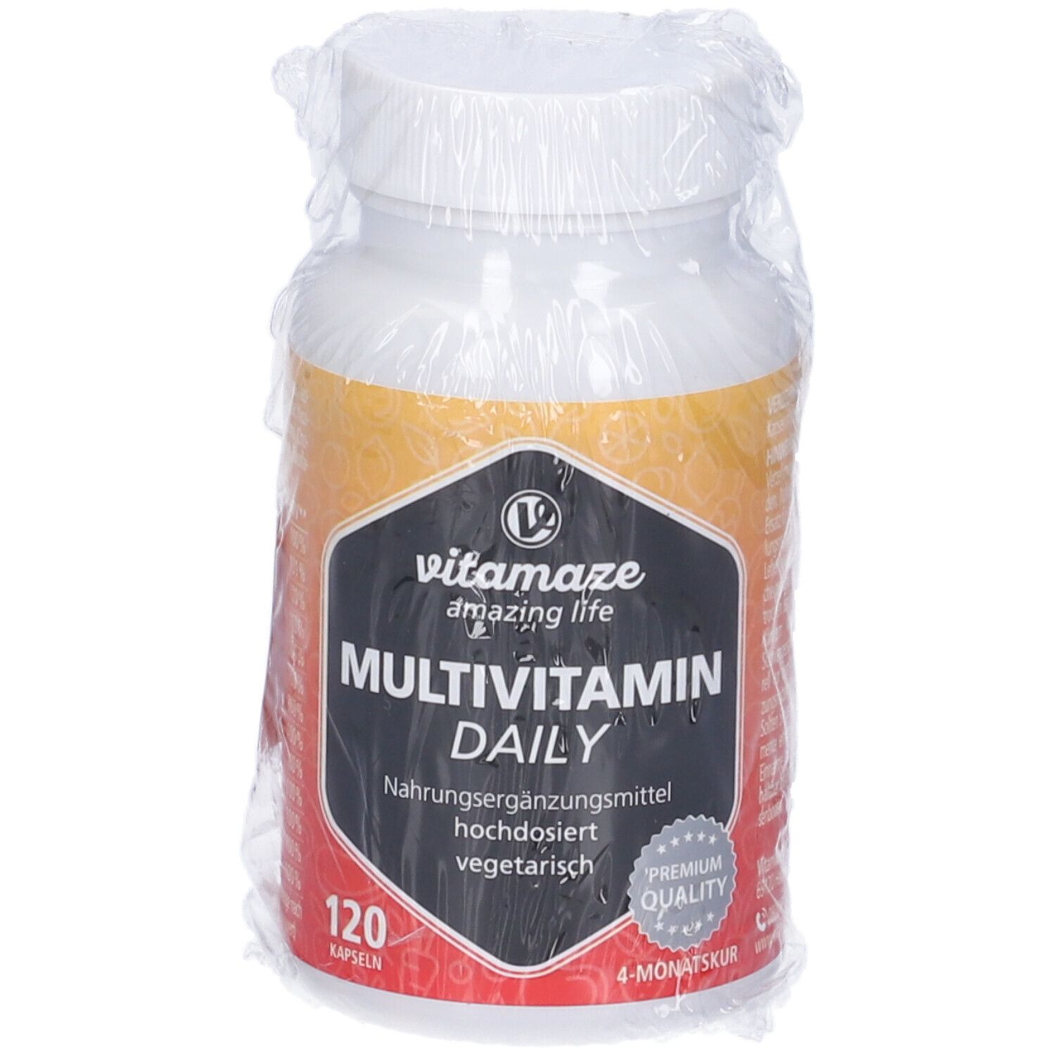 Vitamaze Multivitamin Daily, confezionato in plastica. Flacone bianco con etichetta nera. Contiene 120 capsule.