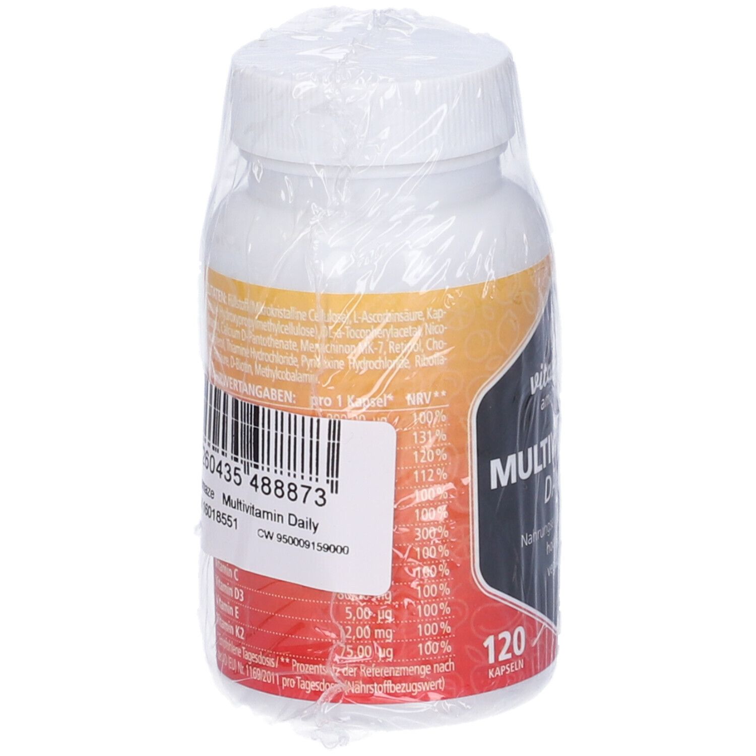 Vitamaze Multivitamin Daily, retro del flacone. Contiene informazioni nutrizionali e codice a barre. 120 capsule.