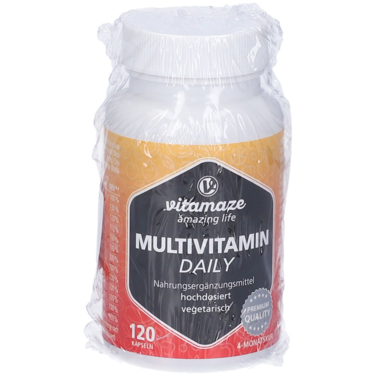 Vitamaze Multivitamin Daily, confezionato in plastica. Flacone bianco con etichetta nera. 120 capsule.