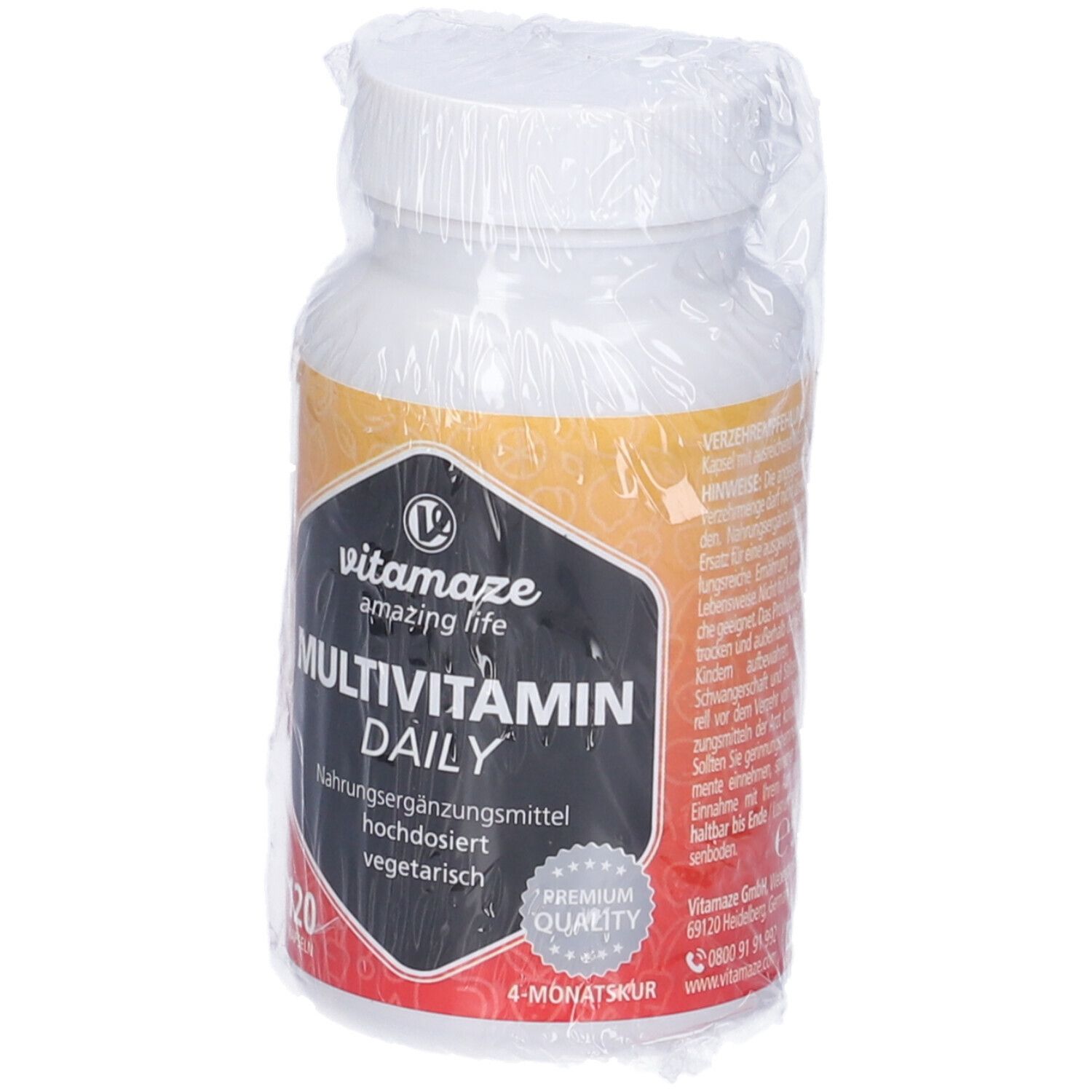 Vitamaze Multivitamin Daily, confezionato in plastica. Flacone bianco con etichetta nera. 120 capsule.