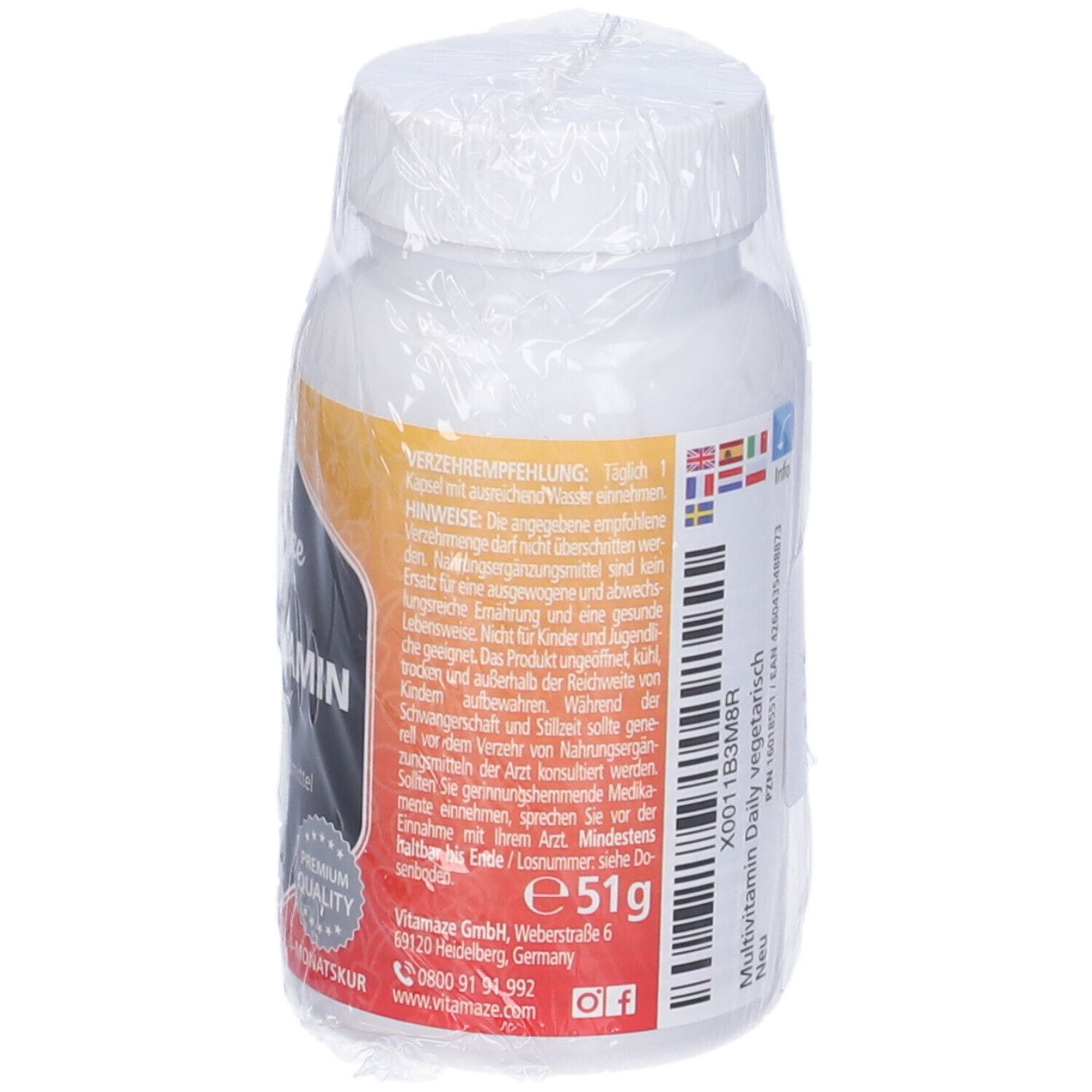 Vitamaze Multivitamin Daily, retro del flacone. Istruzioni per il dosaggio, ingredienti e contatti. 51g.