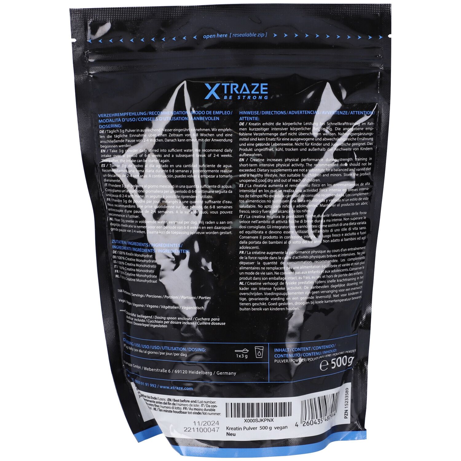 Retro della busta nera. Testo multilingue. Logo "XTRAZE". 500g, vegano. Informazioni sul prodotto.