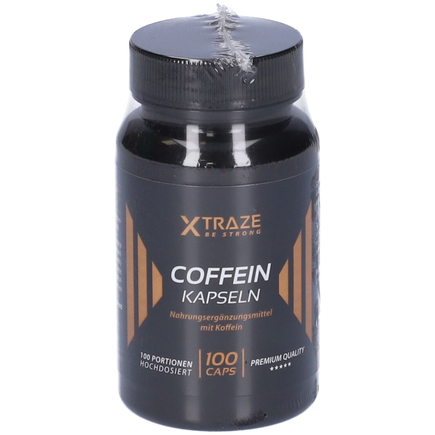 Flacone nero con scritta "XTRAZE" e "COFFEIN KAPSELN". Contiene 100 capsule. Confezionato in pellicola.
