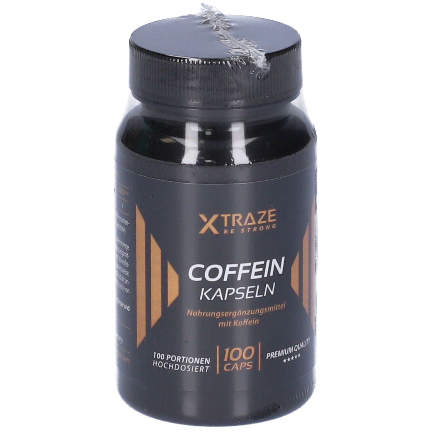 Flacone nero con scritta "XTRAZE" e "COFFEIN KAPSELN". Contiene 100 capsule. Confezionato in pellicola.