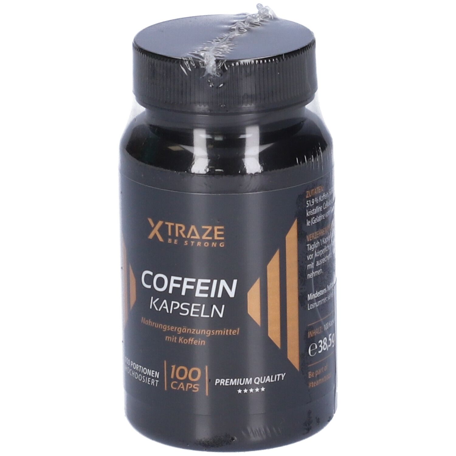 Flacone nero con scritta "XTRAZE" e "COFFEIN KAPSELN". Contiene 100 capsule. Confezionato in pellicola.