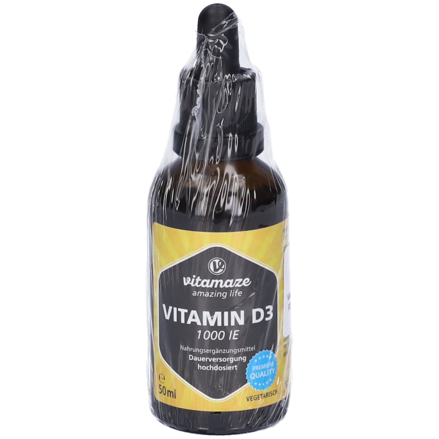 Flacone di vetro marrone con contagocce, sigillato. Etichetta con scritta Vitamin D3, 1000 UI, e logo. 50ml.