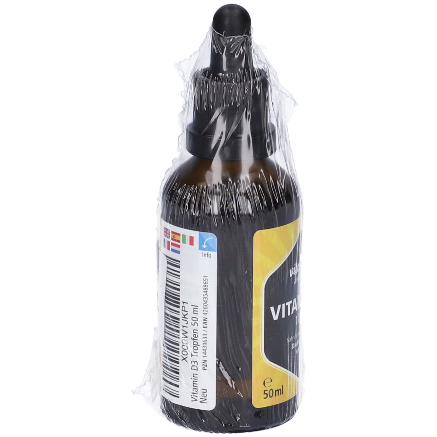 Flacone di vetro marrone con contagocce, sigillato. Etichetta con testo e codice a barre. 50ml. Simboli multilingue.