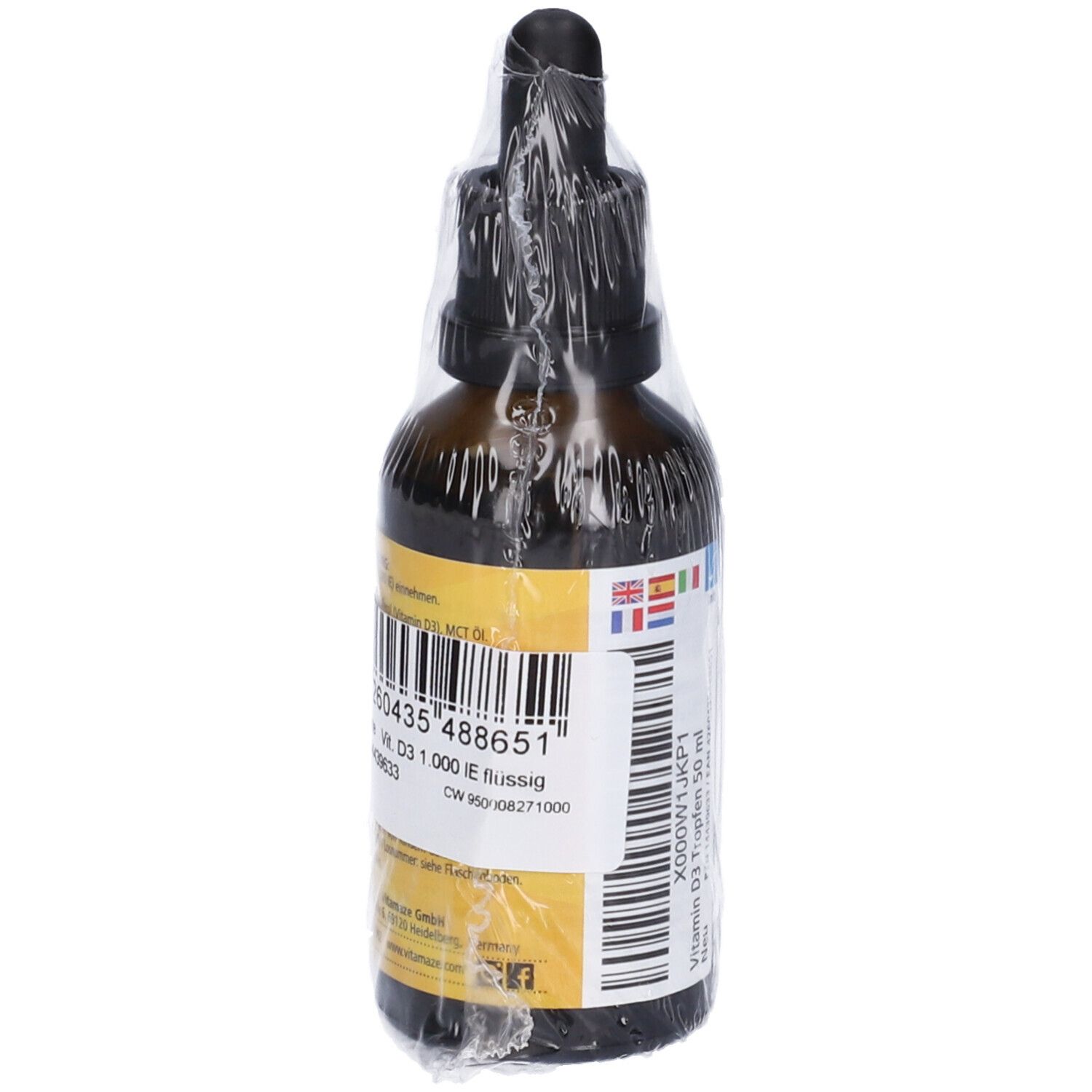 Flacone di vetro marrone con contagocce, sigillato. Etichetta con testo e codice a barre. 50ml. Simboli multilingue.