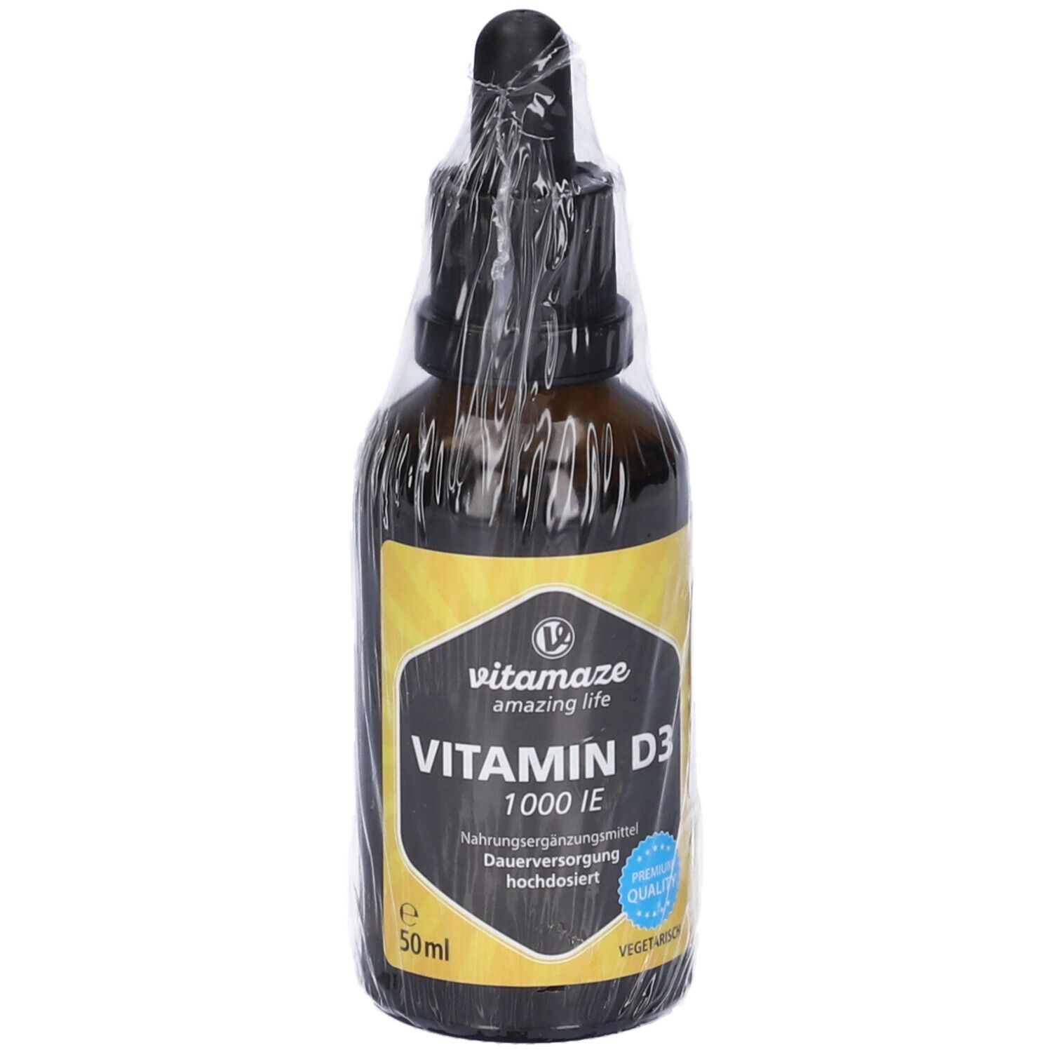 Flacone di vetro marrone con contagocce, sigillato. Etichetta con scritta Vitamin D3, 1000 UI, e logo. 50ml.