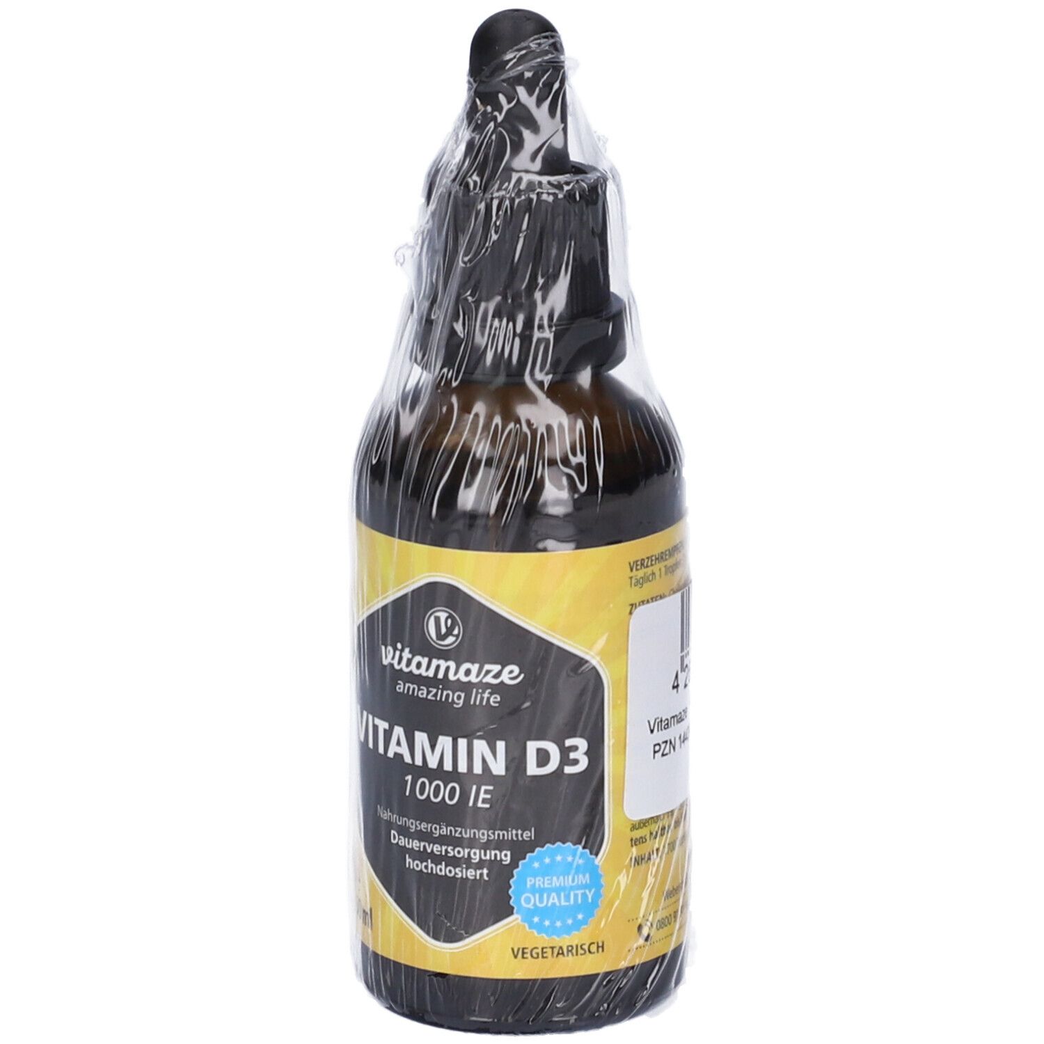 Flacone di vetro marrone con contagocce, sigillato. Etichetta con scritta Vitamin D3, 1000 UI, e logo. 50ml.