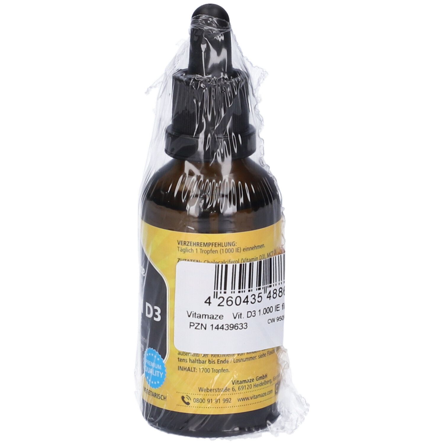 Flacone di vetro marrone con contagocce, sigillato. Etichetta con testo, codice a barre e logo. 50ml.